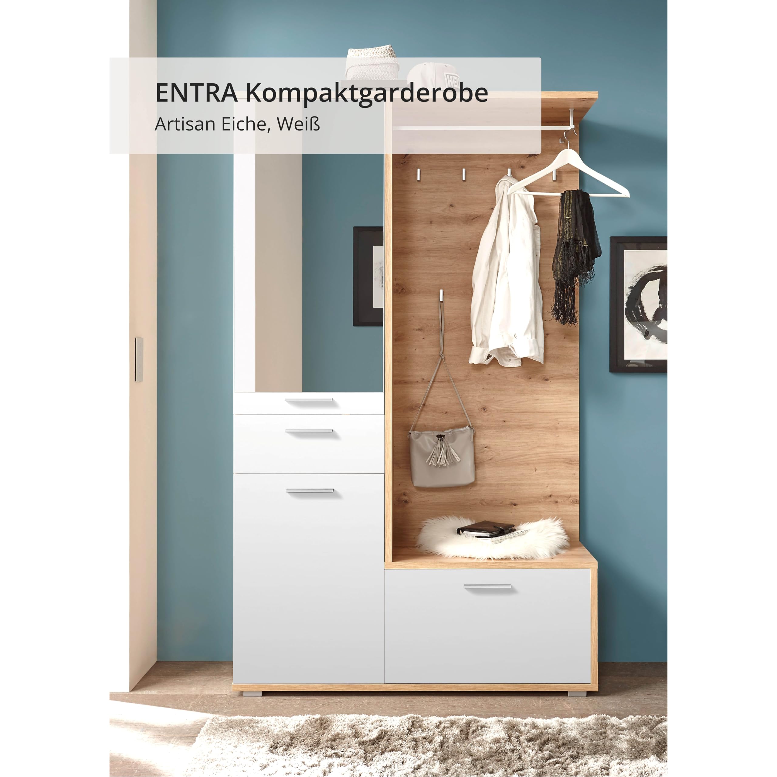 ENTRA Flurgarderoben Set Artisan Eiche Optik Weiß Kompaktgarderobe mit Spiegel 117x198x38 cm