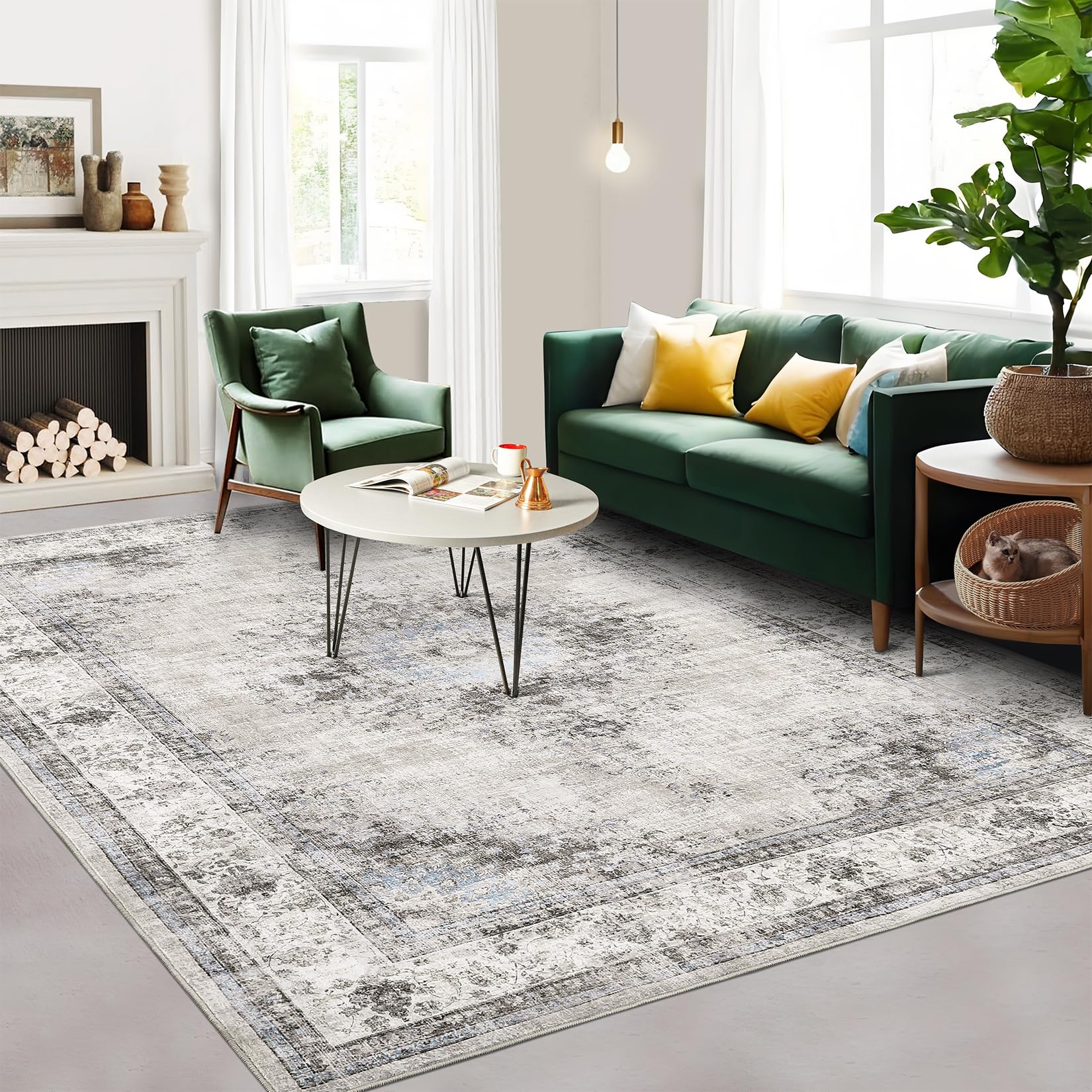 GarveeHome Bedroom Area Rug 5x7 Vintage Distressed Living Room Area Rug Non Slip Low Pile Large Dining Room Rug Soft Oriental Throw Carpet Machine