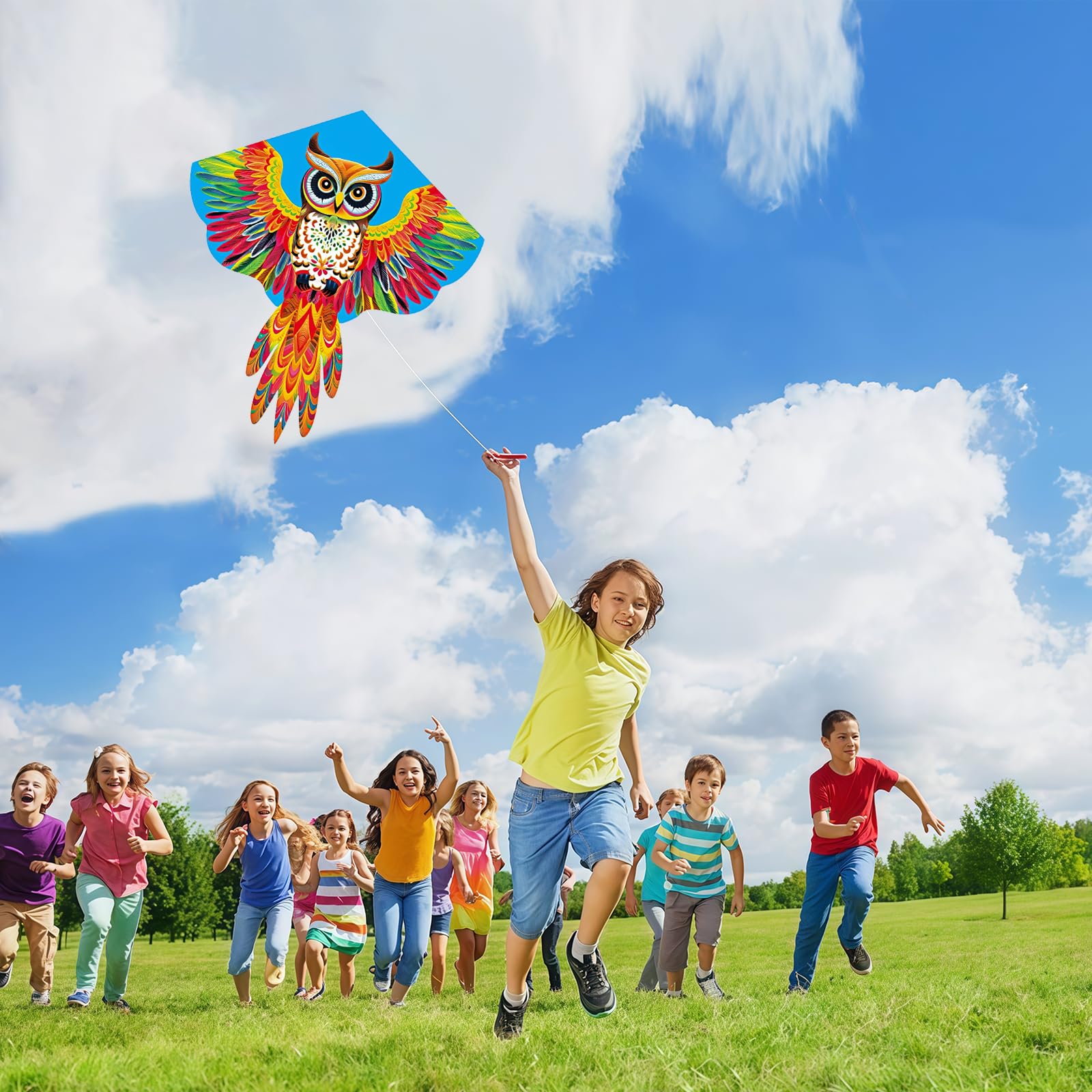Large Owl Kite, 52x46inch Single Line Colorful Kite with Long Tail Beginner with Winding Handle and 100m Line Outdoor Park Games Activities
