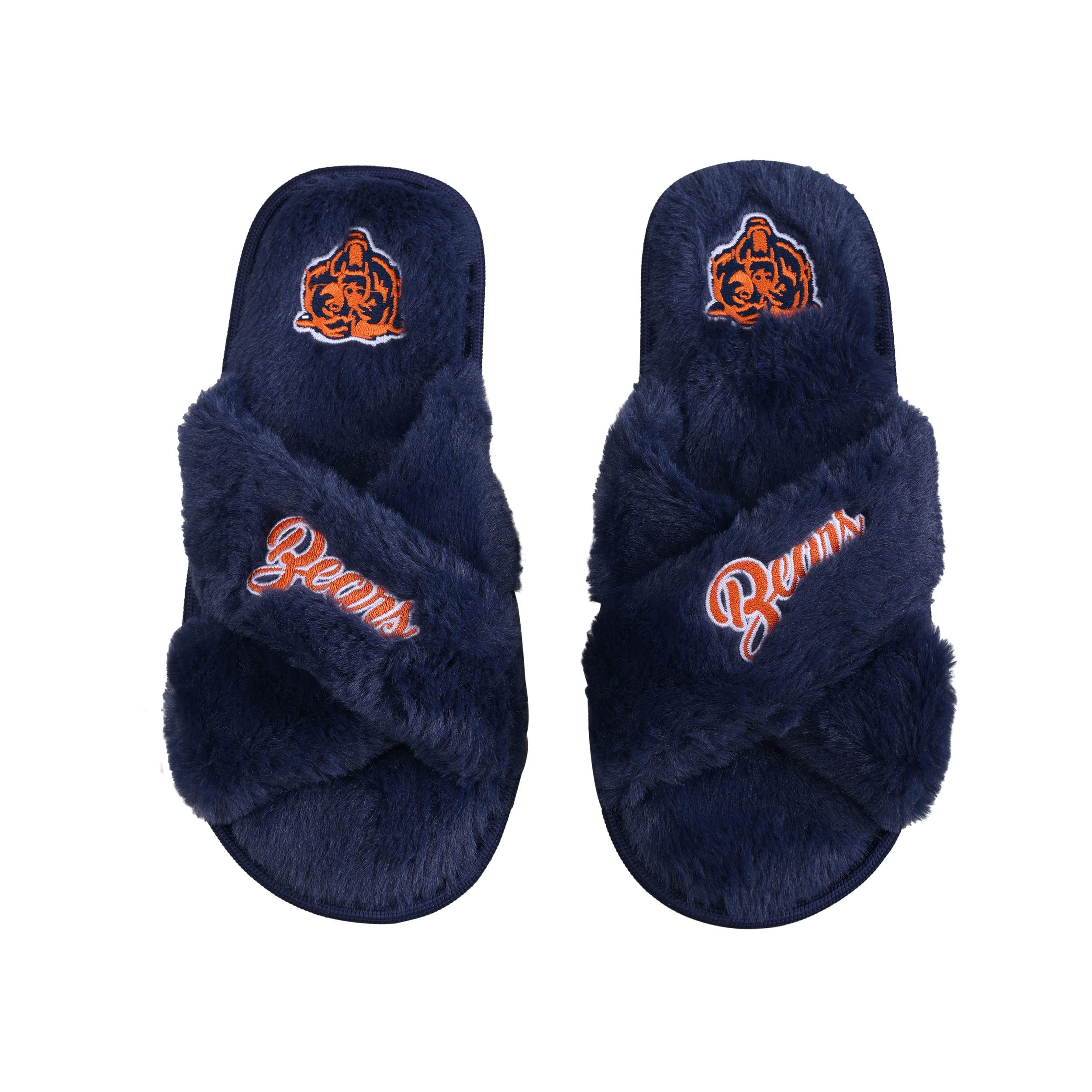 FOCO Womens NFL Team Script Wordmark Fuzzy Cross Slide Slippers