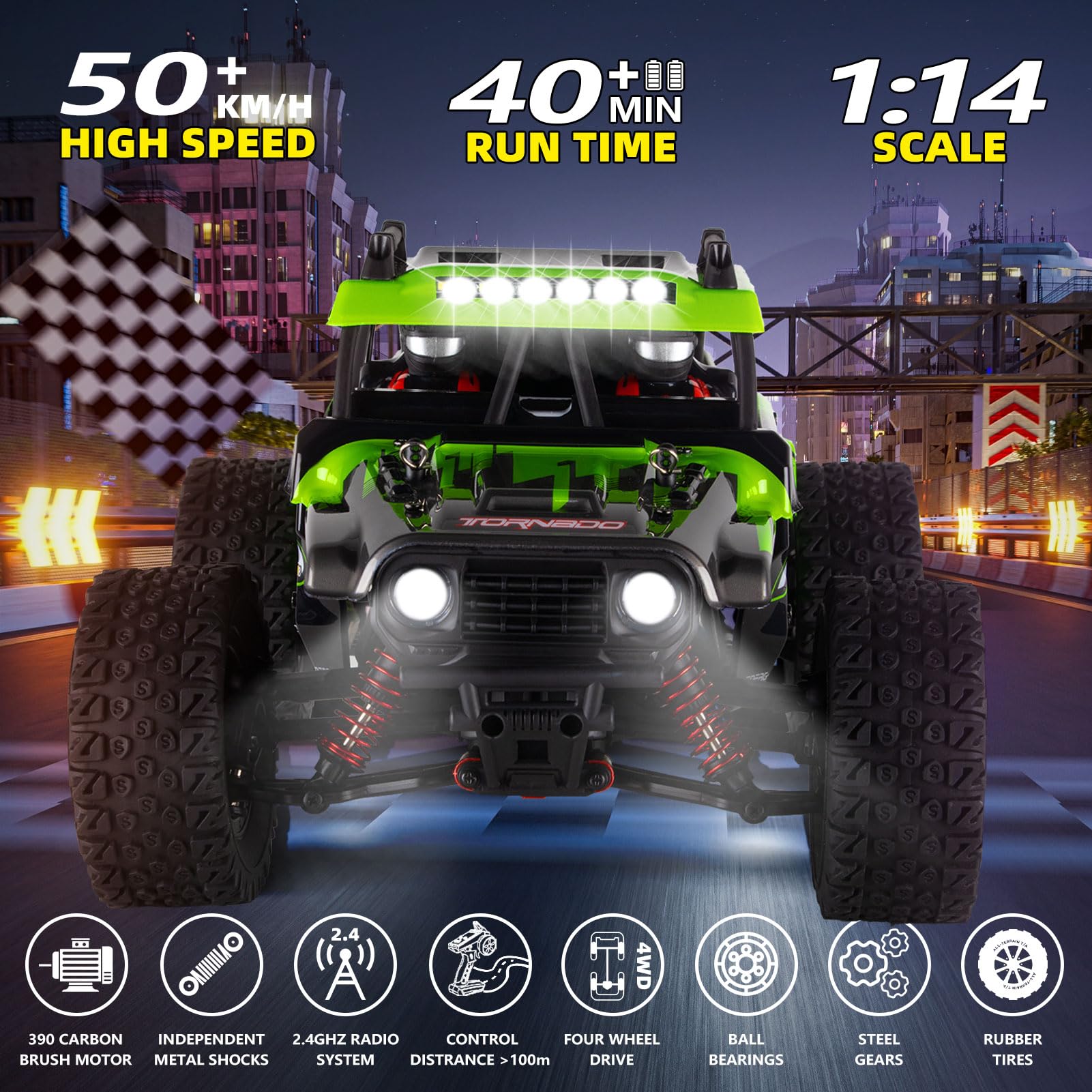 Auto radiocomandata in scala 1:14 Fast 60 KMH 4X4 RC camion per adulti ragazzi 2.4 GHz tutti i terreni RC Dune Buggy fuoristrada RC Monster Truck breve corso auto con 2 batterie (verde)