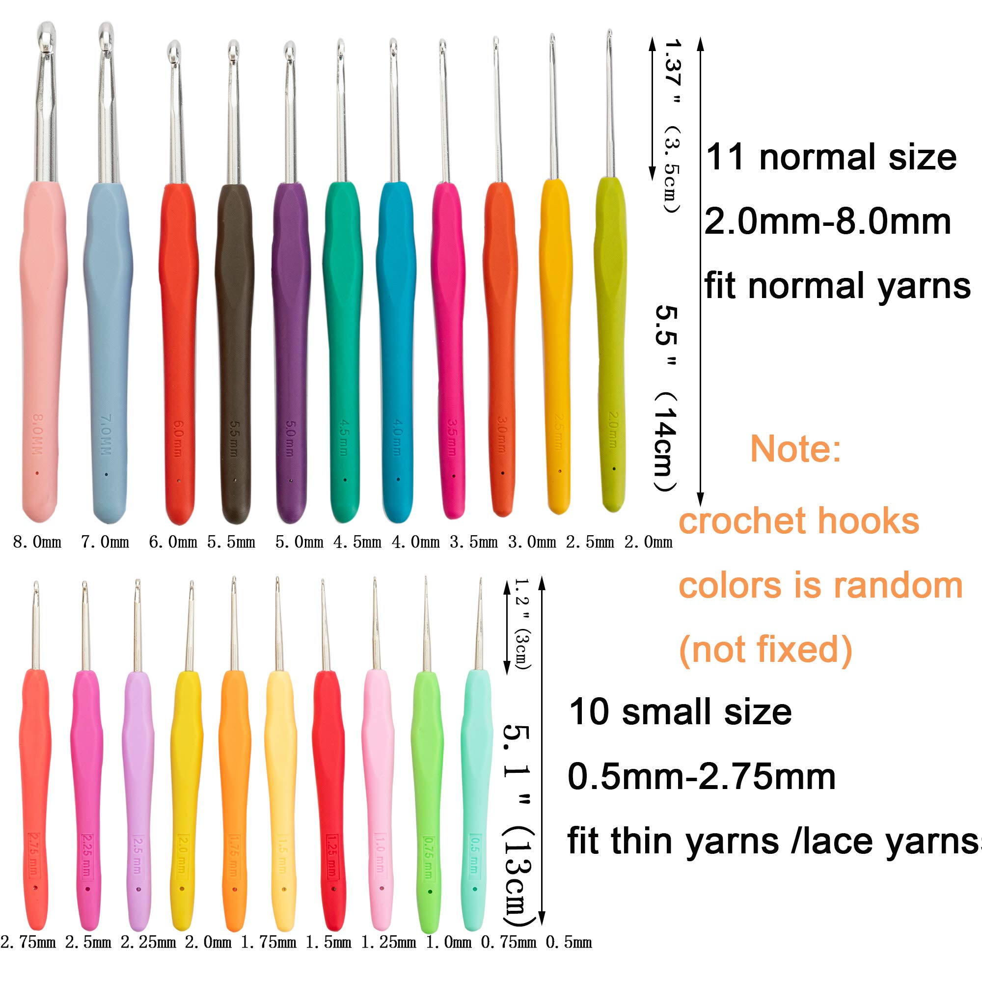 Ryhiac Juego de 56 agujas ergonómicas de ganchillo de tamaño completo de 0,5 mm a 8 mm, agujas de tejer con bolsa de almacenamiento y accesorios para manos artríticas, principiantes y experimentados