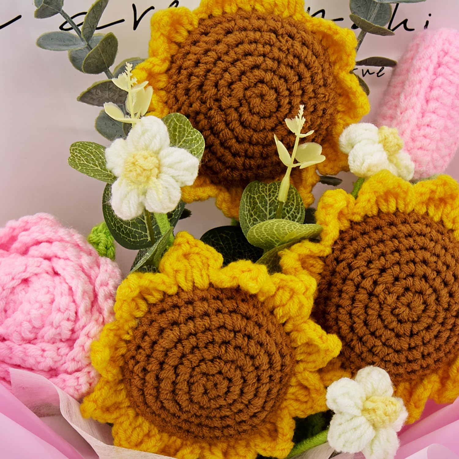 Crochet Flowers, Crochet Flower Bouquet of Sunflowers, Tulips, Roses, Daisy, Crochet Bouquet of Flowers Gifts for Thanksgiving, Christmas, Birthday with Card and Gift Bag