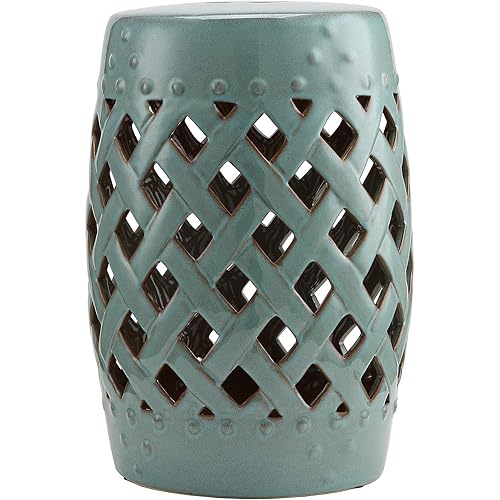 Outsunny 13" x 18" Ceramic Garden Stool with Woven Lattice Design & Glazed Strong Materials Decorative End Table, Antique Blue