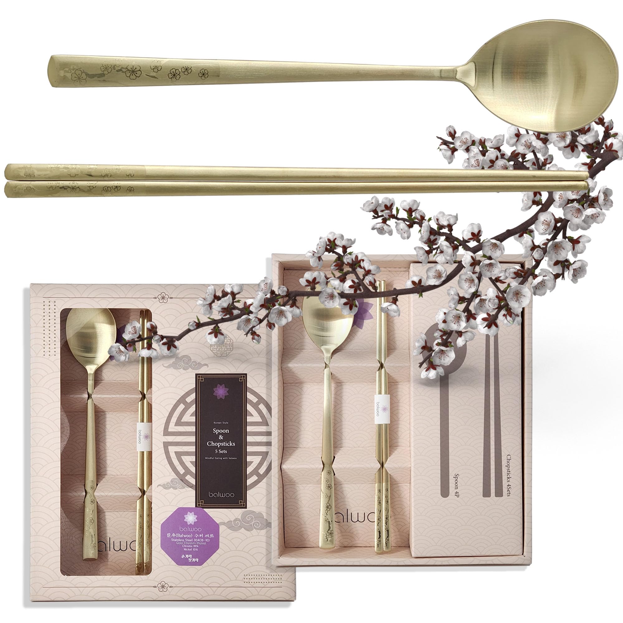 BALWOO [5 Sets] [Made in Korea] Korean Sticky Rice Spoon Chopsticks Set Gold Titanium Plating 304 Stainless Steel Tableware Cutlery Set Mukbang Chopsticks (Korean Apricot Blossom TITANIUM, 5 Sets)