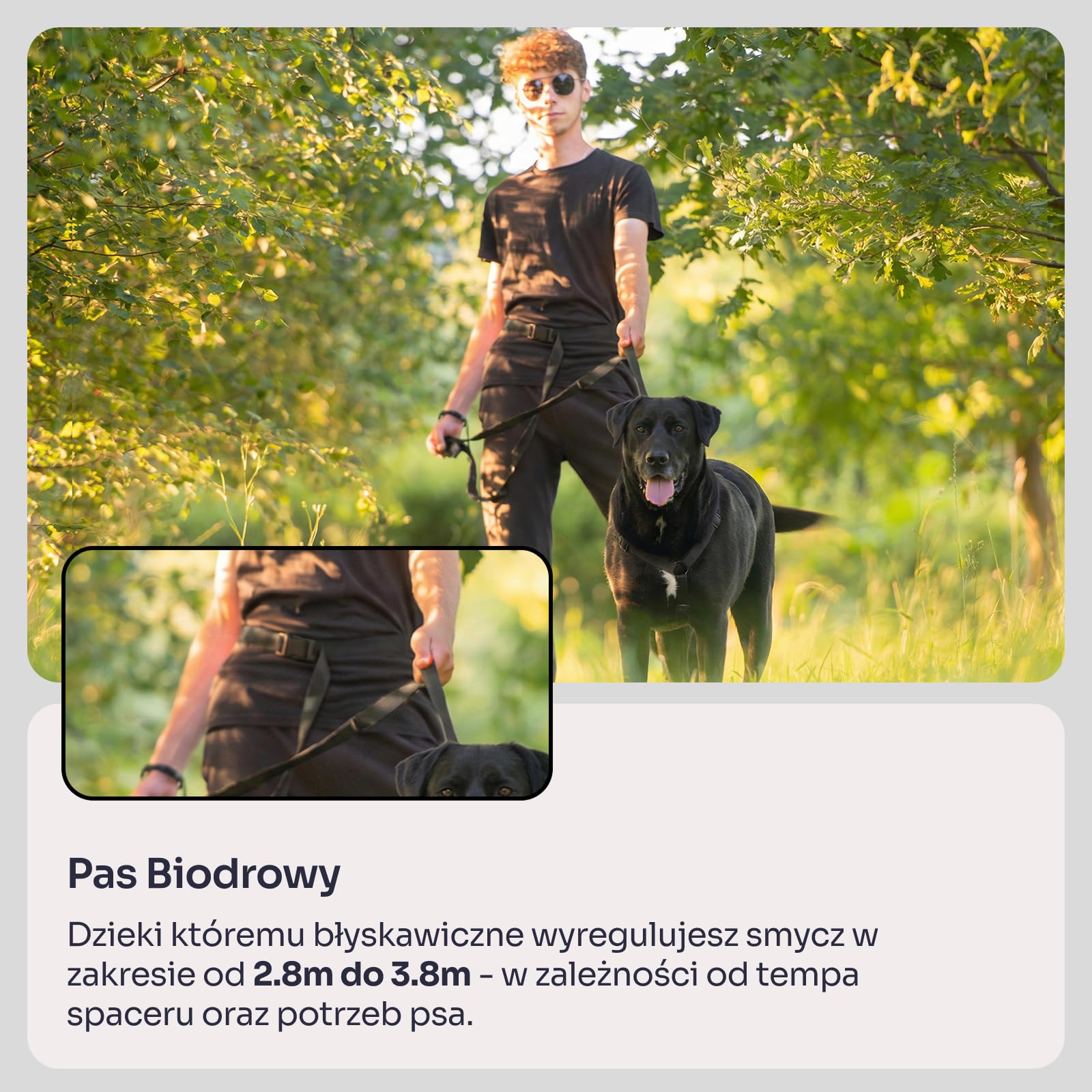 Chaba Smycz dla Średniego i Dużego Psa z Amortyzatorem i Pasem Biodrowym | Regulowana 2.8-3.8m | Szerokość 2.5cm | Redukująca Efekty Szarpnięć | Do Biegania | 3 Możliwości Noszenia | CZARNA
