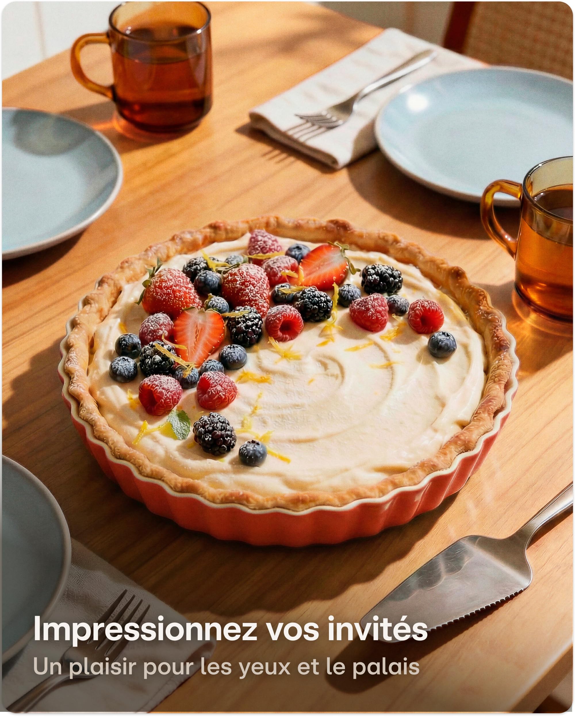 Praknu Plat à Tarte en Céramique - (Ø 28cm Moule à tarte) - Avec Revêtement Anti-adhésif - Plat a tarte facile à nettoyer - Moule a tarte résistant aux coupures (Rouge)