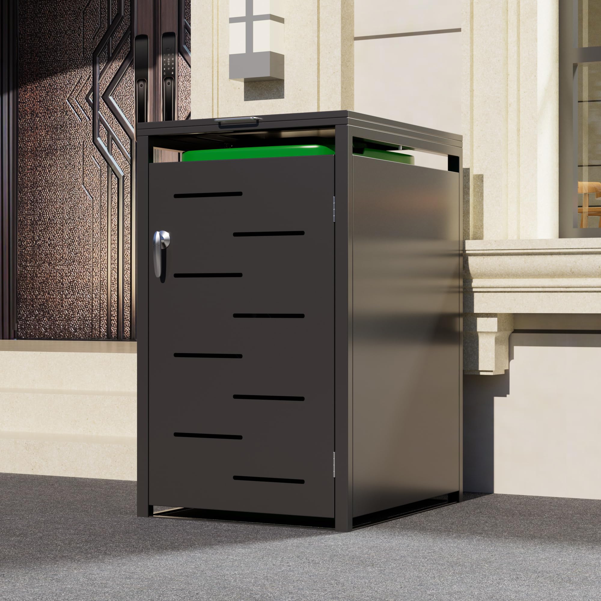 SUPEER Cache-poubelles 2 et 1 compartiments | jusqu'à 240 litres | noir | acier galvanisé | amortisseurs premium | résistant aux intempéries | tiges hydrauliques | poignée de porte avec serrure |