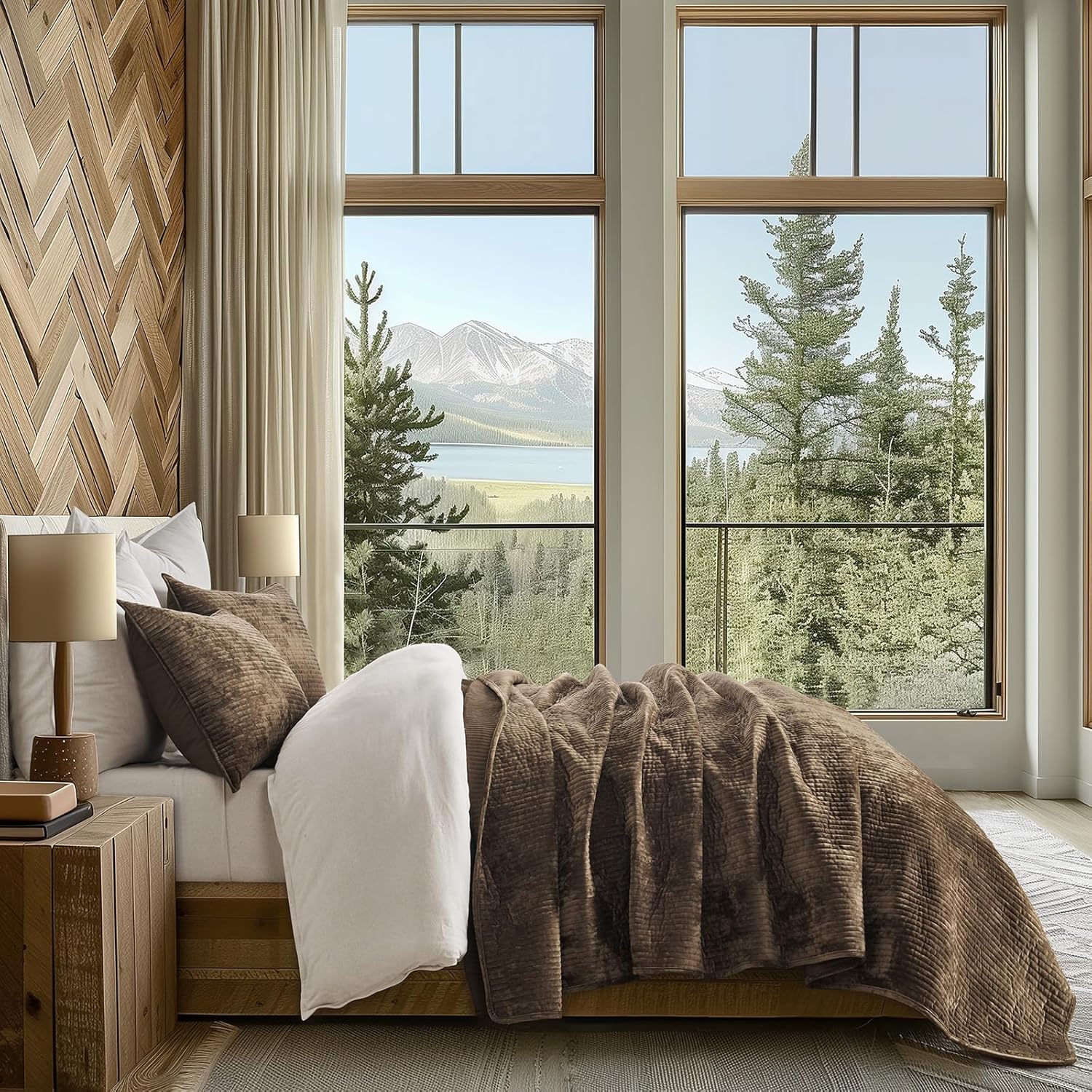 EVERGRACE Velvet Quilt Set King Size, Luxurious Soft Quilted Bedding Sets, Lightweight Velvet Comforter for All Season, Striped Channel Bedspread Coverlet with 2 Shams, Mushroom Brown - Image 3