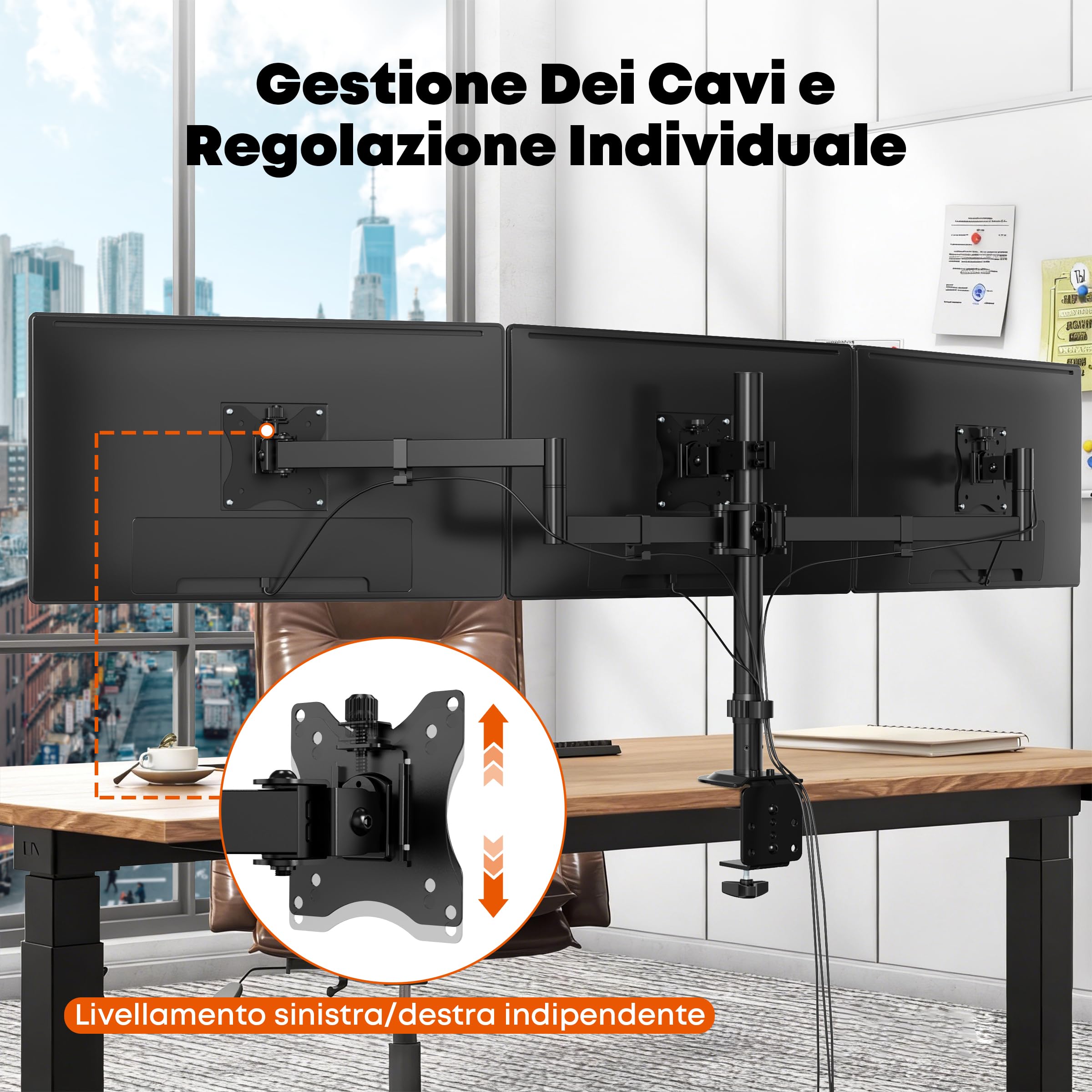 Braccio per Monitor Triplo per 3 Schermi 27" - Supporto a Clamp da Tavolo, Carico 10kg per Braccio, VESA 75/100, Regolabile in Altezza/Inclinazione/Orientamento - Home Office & Gaming