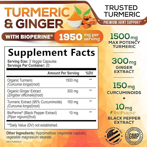 Miniatura 2 de Cúrcuma Curcumina con BioPerine & Jengibre 95% Curcuminoides 1950mg – Pimienta Negra para Absorción, Hecho en Estados Unidos, apoyo inmunológico