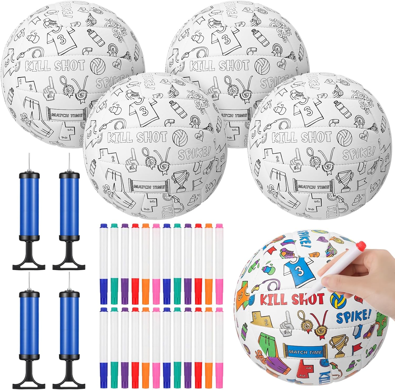 4 Set Color Your Own Mini Volleyball Kit Custom Design Volleyball Gifts Includes 4 Sport Balls, 24 Markers & 4 Pumps, Coloring DIY Sports Arts Craft for Birthday Gift Holiday Party Favor