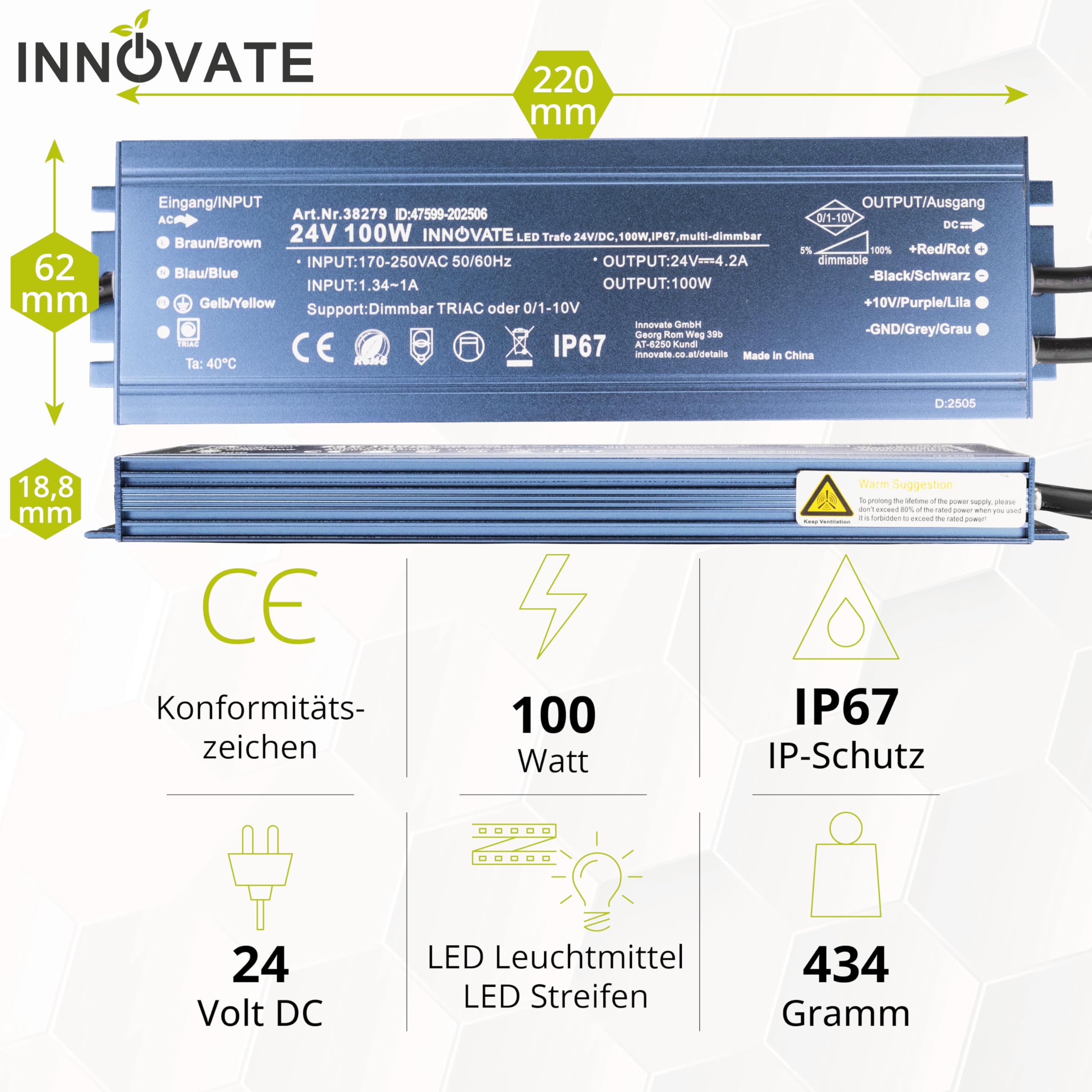 INNOVATE Transformateur LED 24V IP67 à intensité variable – 100 W – 24 V AC – Triac & 0/1-10 V – Pas de scintillement, pas de bruit pour ampoules LED et bandes – Transformateur redresseur Driver