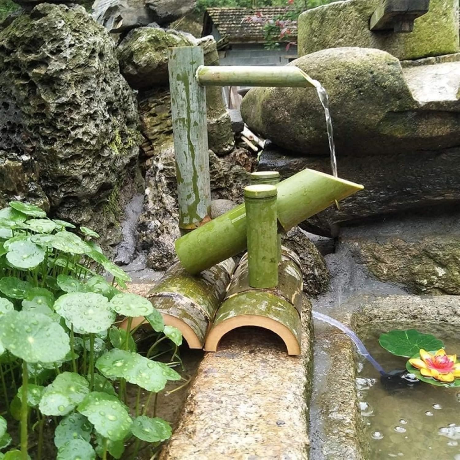 REHOOF Fontana A Cascata per Laghetto da Giardino, Kit Fontana Solare in bambù con Pannello Solare, Fontana in bambù per Esterni per Giardino Giapponese per Prati, Stagni E Peschiere L 25cm