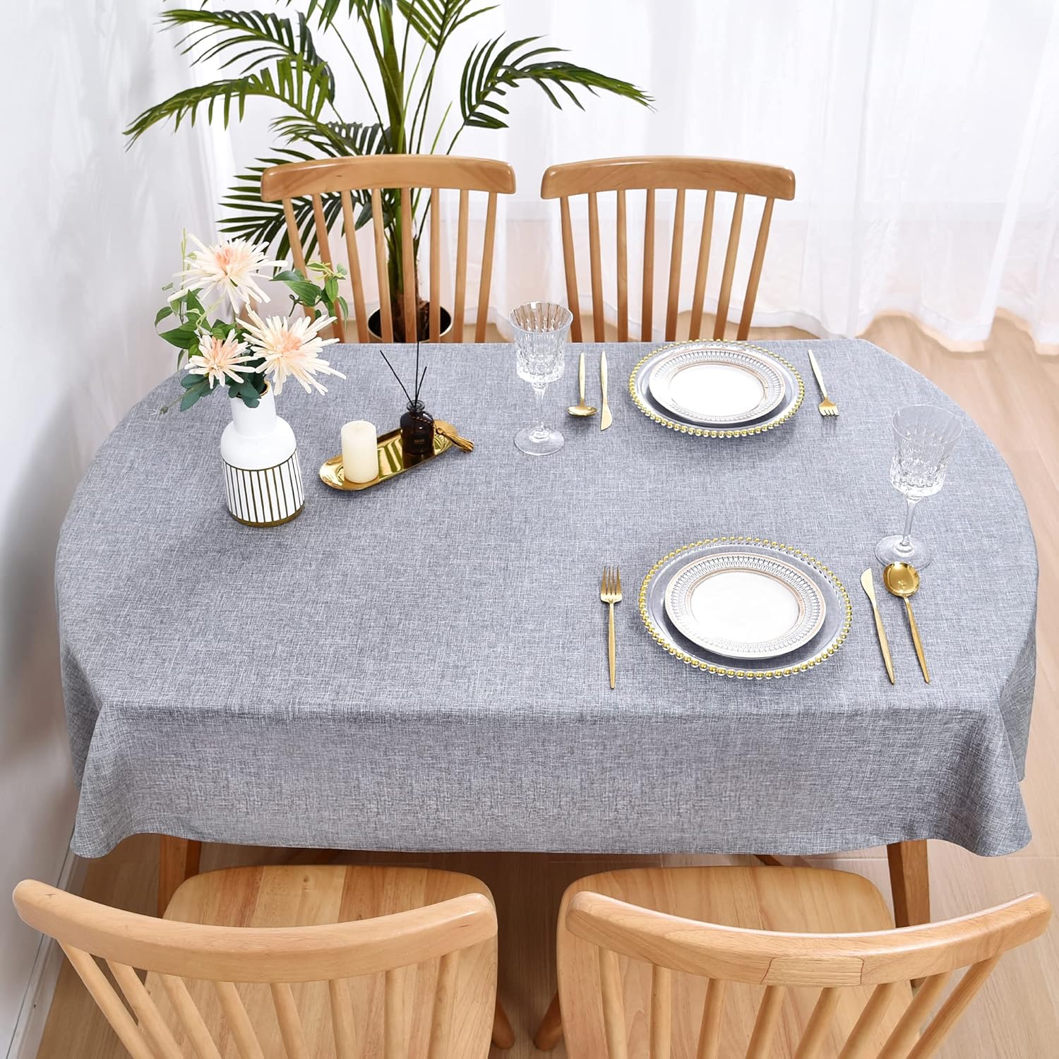 Wolkemer Faux Linen Large Oval Tablecloth Heavy Duty Wrinkle Resistant Fabric Table Cloths 60 x 120 Inch Grey Farmhouse Rustic Table Cover for Kitchen Dining Indoor Outdoor Tabletop Decoration