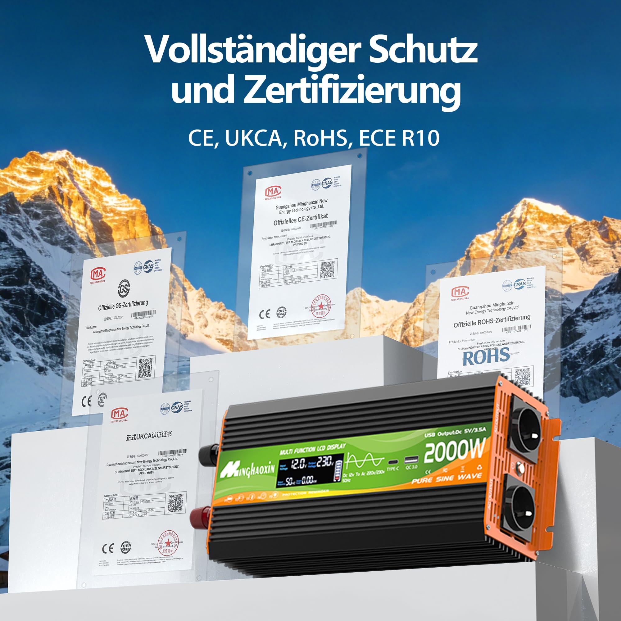 Wechselrichter 2000W Spannungswandler 12V 230V Reiner Sinus Inverter Konverter mit LCD-Display, USB-C-Anschluss und Kupferdraht 2 EU Steckdose für Solar,Fahrzeuge,Wohnmobil(Spitzenleistung 4000 Watt)