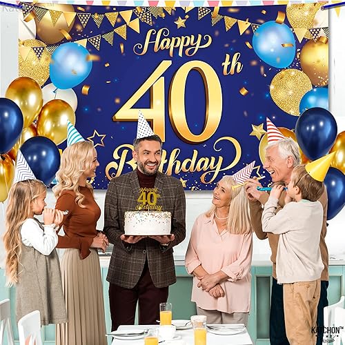Miniatura 5 de KatchOn, Cartel de feliz cumpleaños número 40 azul y dorado Xtragrande, 72 x 44 pulgadas, telón de fondo de feliz cumpleaños 40 para ella Cartel