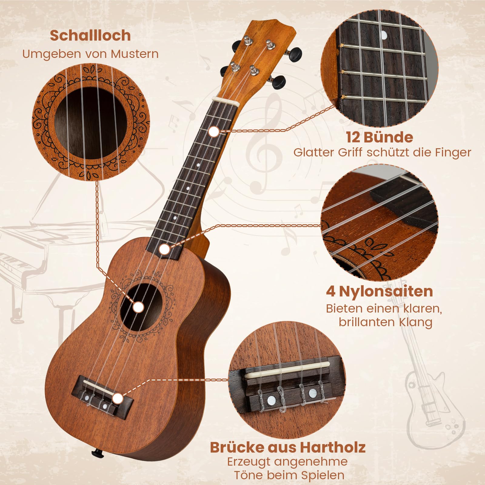 COSTWAY 21 Zoll Sopran Ukulele, Holz Ukulele Starter Kit mit Tasche, Pick, Tuner, Gur & zusätzlichen Nylonsaiten, Vintage Kleine Gitarre Set für Kinder Erwachsene Anfänger, 54 x 17,5 x 8 cm