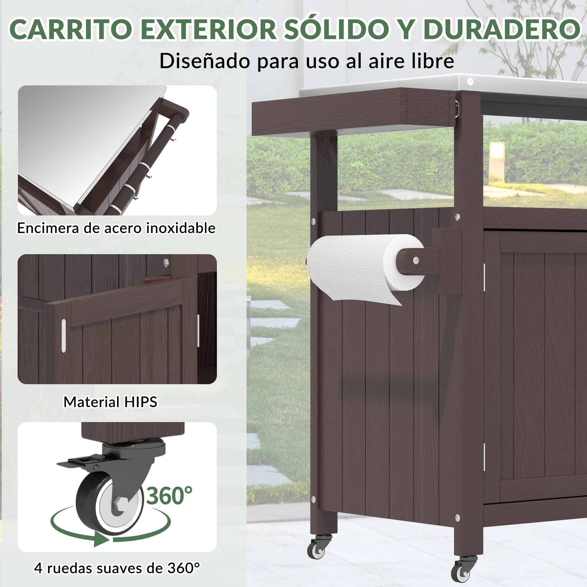 Carrito de Parrilla para Exteriores con Cubierta de Acero Inoxidable, Carrito de jardín Hips Resistente a la Intemperie, Isla de Cocina portátil con Ruedas, Ganchos y Estante Lateral