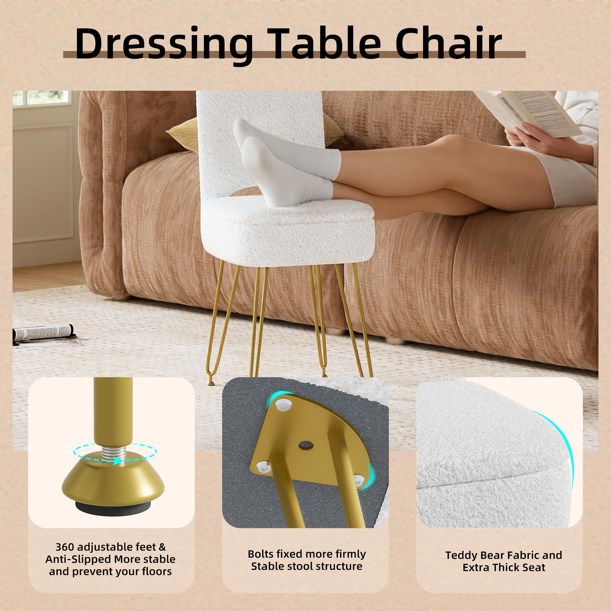 3 in 1 Sedia da Trucco con Vano Portaoggetti e Schienale, Moderno Sgabello da Trucco, Schienale Ribaltabile Che si Trasforma in Poggiapiedi, per Camera da Letto, Soggiorno,fino 136KG Bianco 33*38*80CM