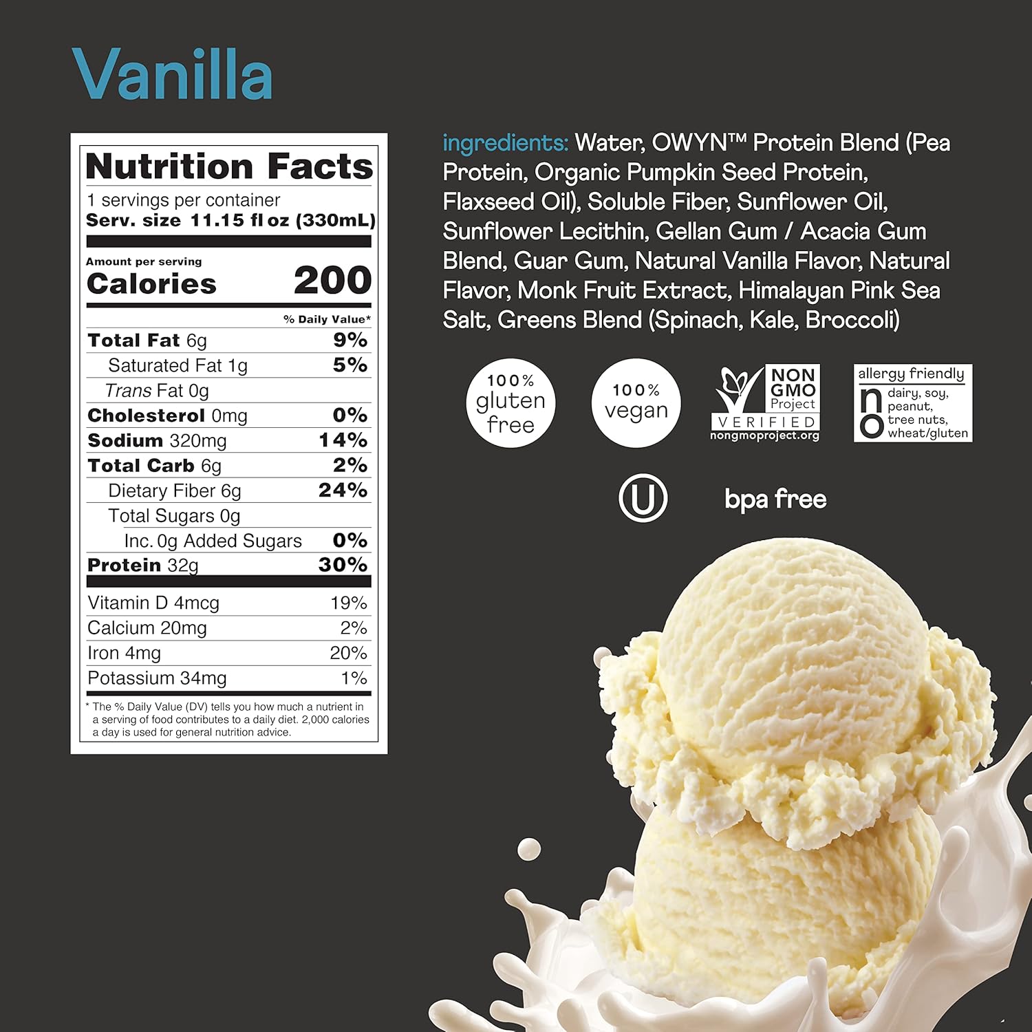 OWYN Pro Elite High Protein Keto Shake, Vanilla, 32g Vegan Protein, 9 Amino Acids, Omega-3, Prebiotics, Superfoods Greens, for Workout and Recovery, low carb snack, Zero Sugar (12 Pack)