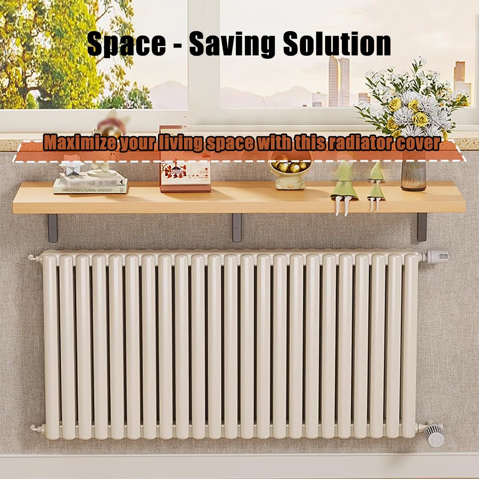 Mensola Superiore Rettangolare In Legno per Termosifone, Mensola Espositiva a Parete, Copri Termosifone Sopra il Termosifone, Supporto Triangolare, per Soggiorno/cucina(Brown,60 * 30cm/24 * 12in)