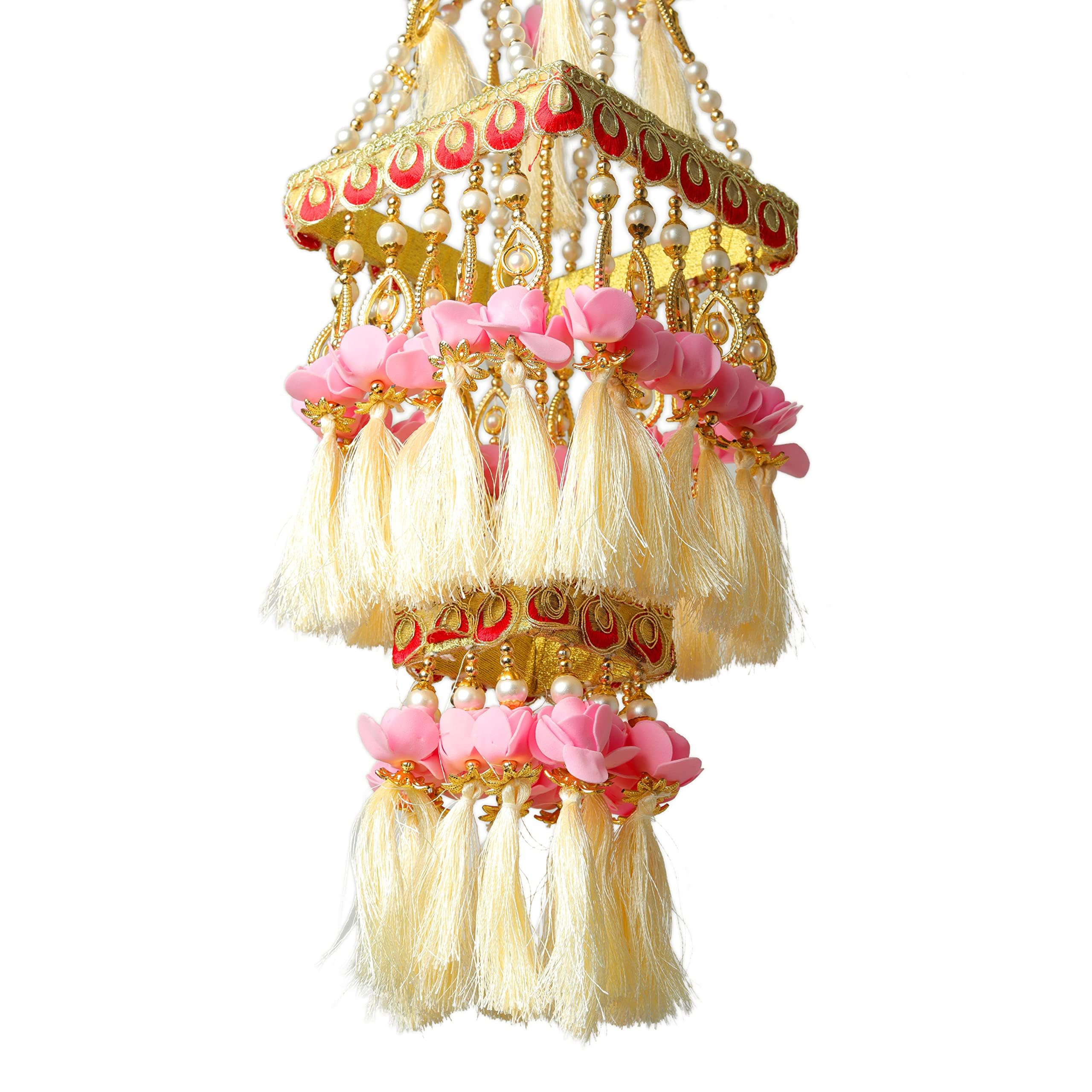 Wall Roof Square Centre Hanging Wall Roof Ceiling Hangings Jhoomar Rose Flower Hangings Decorative Ornament Indian Christmas New year Decorations Indoor Outdoor Home Décor (Size:-17")(Pink & White) - Image 3