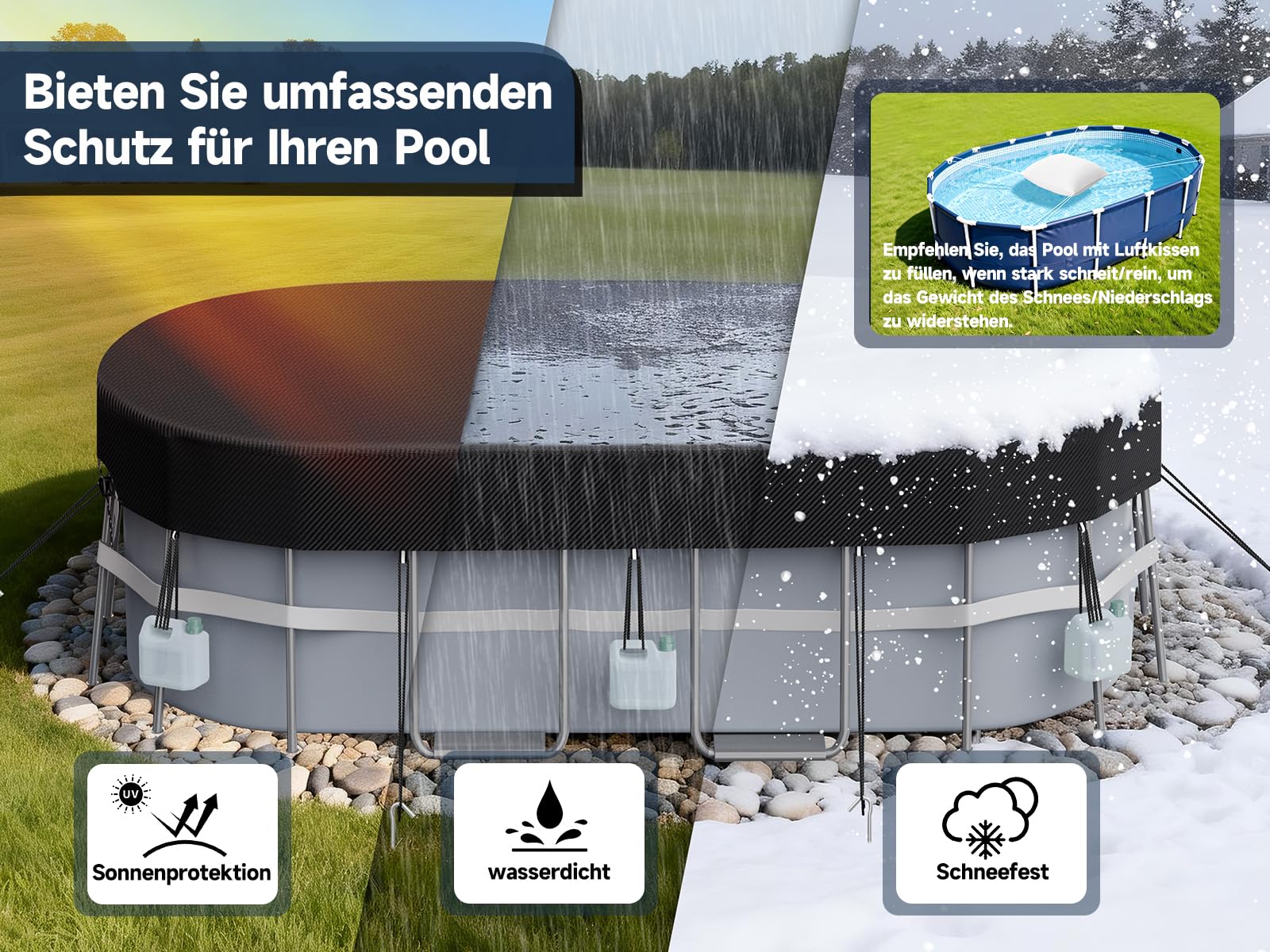 Poolabdeckung Rechteckig für 485x304 cm Pools | Pool Abdeckplane für oberirdisches Schwimmbad Inkl Bodennägel Zubehör + Seilspanner | Solarplane & Pool Winterabdeckung | 570x 365 cm Pool Abdeckung