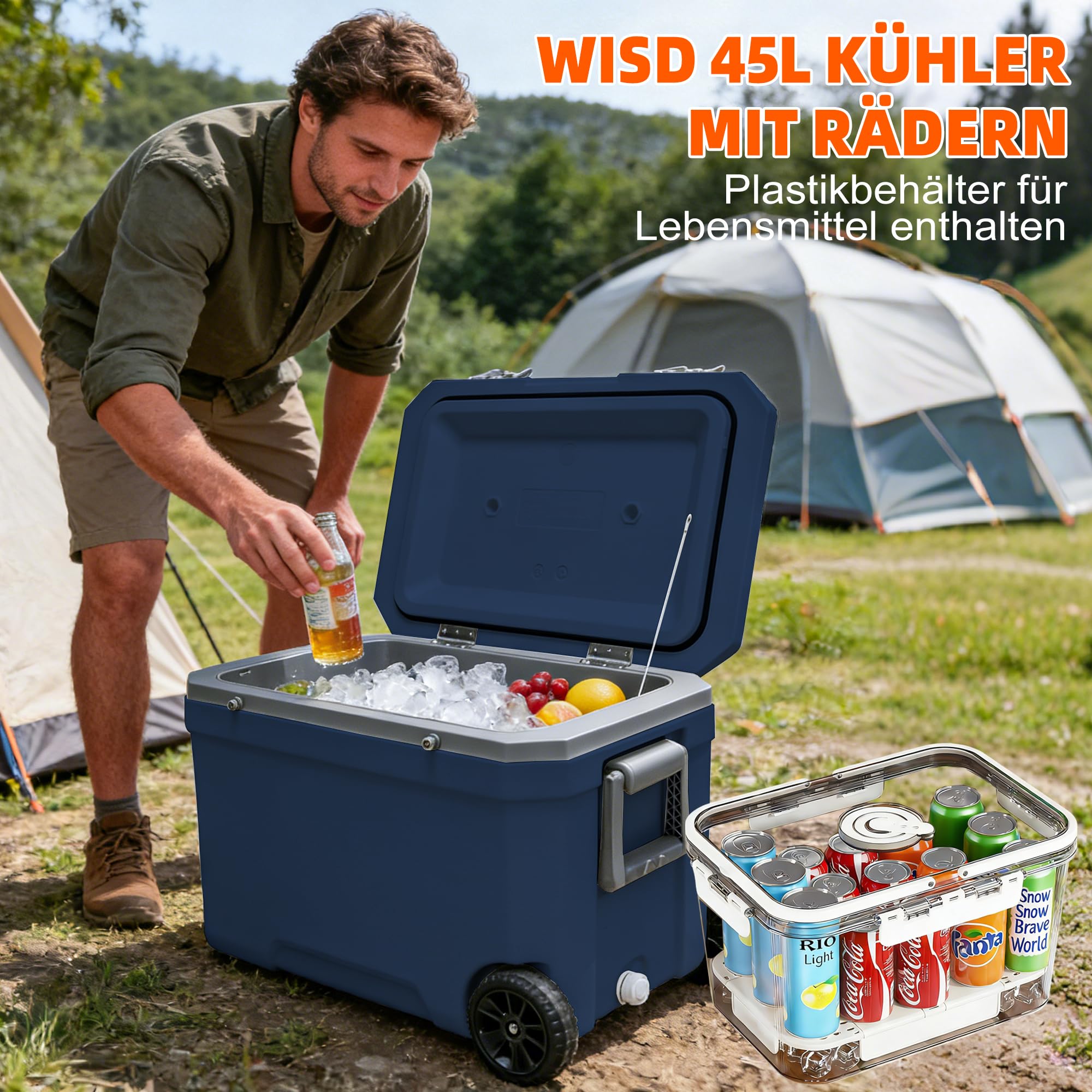 WISD 45L Kühlbox mit Rollen und Griff – Große Camping Kühlbox mit Metallverschlüssen & Ablaufstopfen – Robuste Passive Kühlbox für Picknick, Angeln & Outdoor
