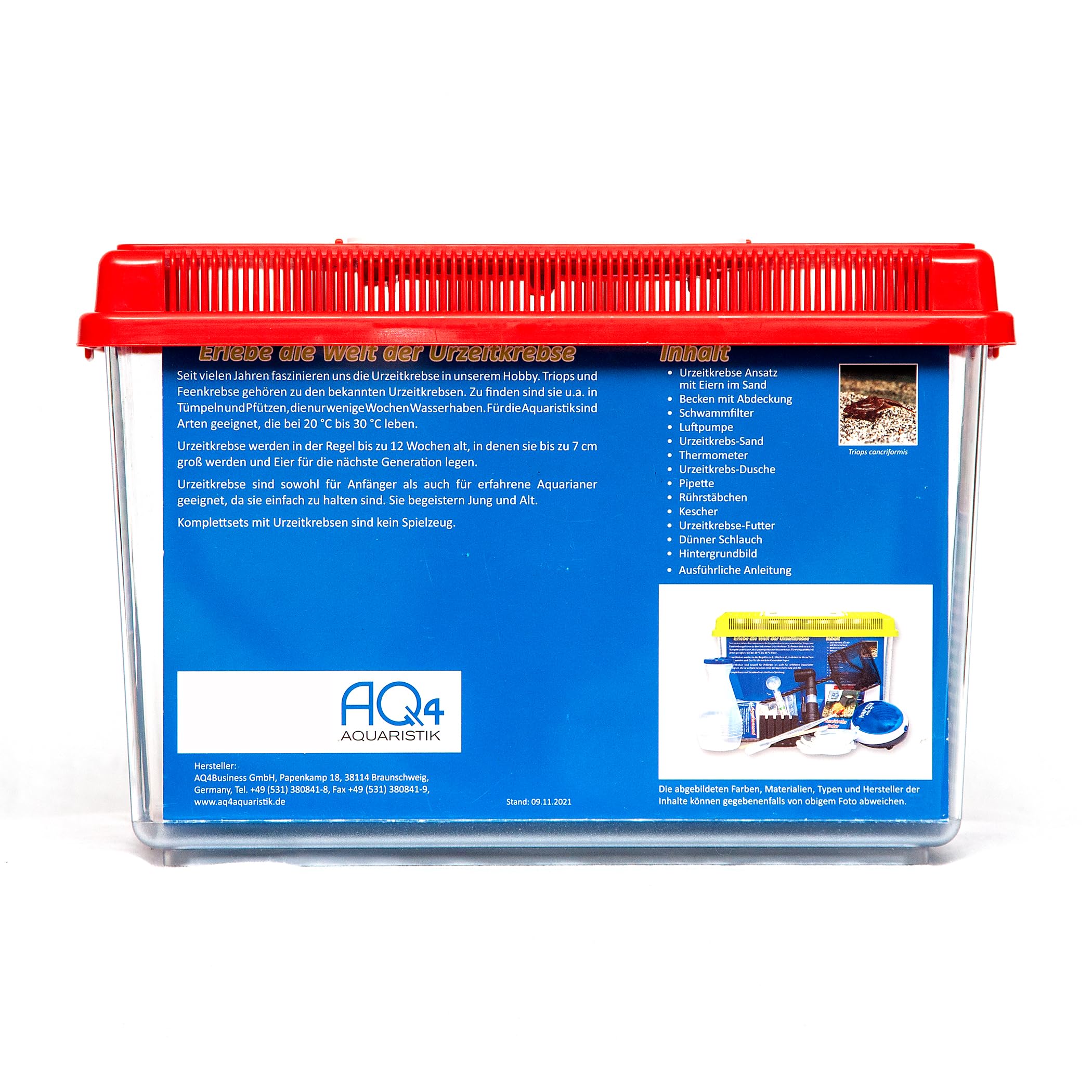 Triops cancriformis Premium Komplett-Set 6 l mit Urzeitkrebs Eiern, Becken, LED-Beleuchtung, Zuchtansatz, Filter, Luftpumpe, Kescher, Futter, Zubehör, Anleitung