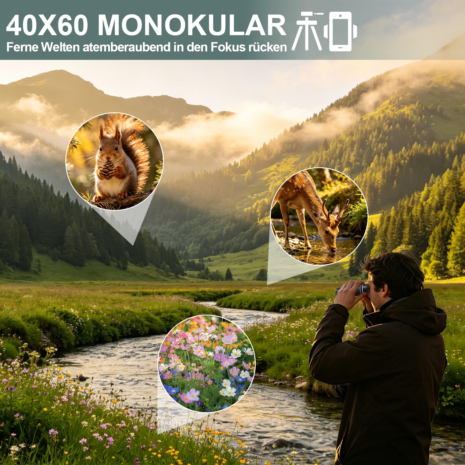 BIBIRE 40x60 Monokular-Fernrohr für Erwachsene, hochvergrößernd