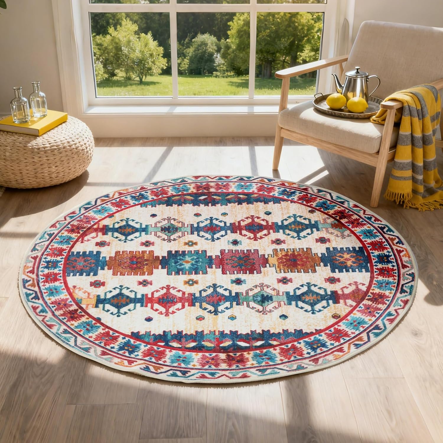 Mirok Abstract Tribal Motif Round Rug 5 Ft Washable Non-Slip Soft Circle Area Rugs for Bedroom Kitchen Laundry Bathroom Living Room
