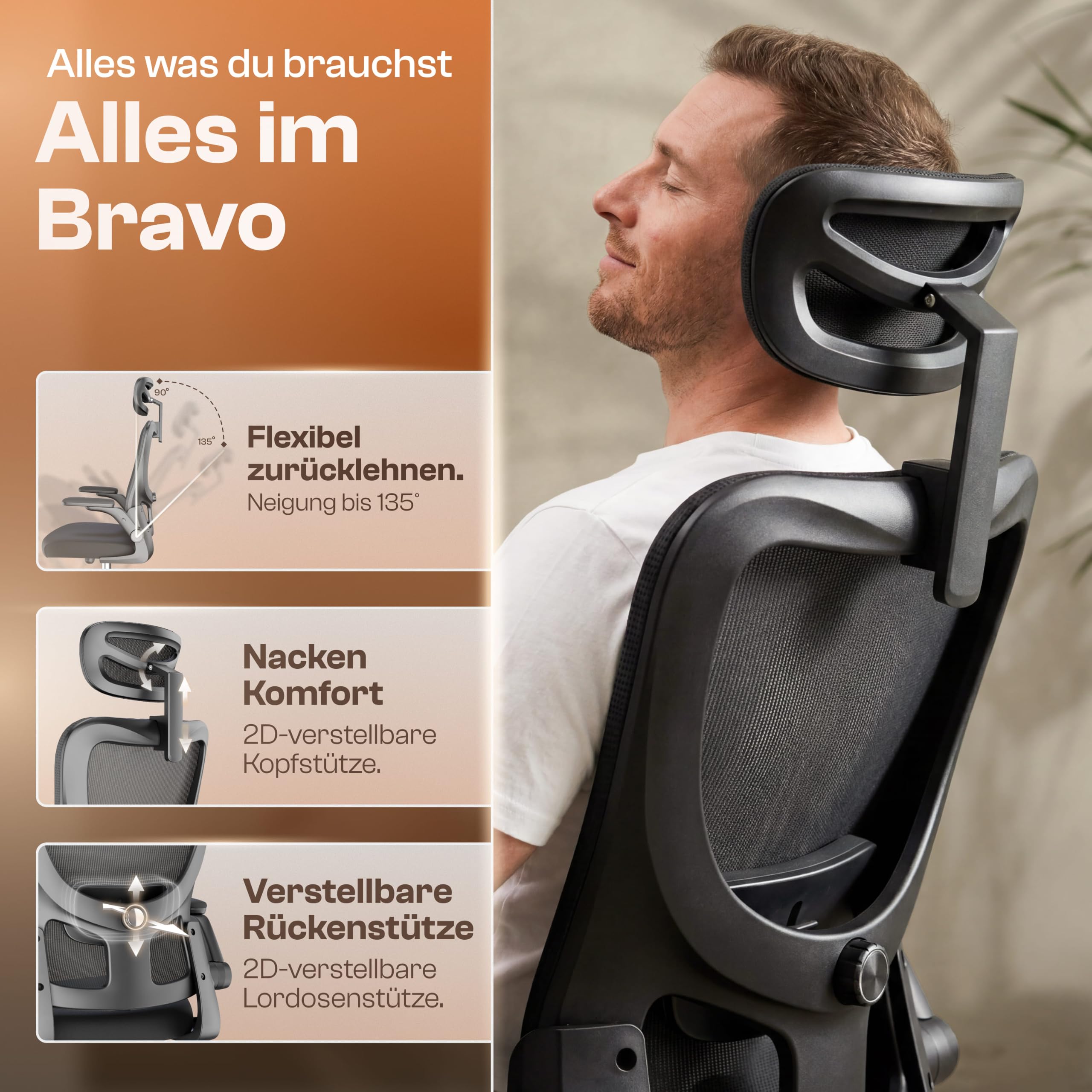 Bravo Bürostuhl ergonomisch [ORIGINAL] Schreibtischstuhl ergonomisch mit 8 Komfort-Einstellungen | Gaming Stuhl & Drehstuhl für Zuhause & Bürobedarf | Bürosessel und Chefsessel bis 150kg