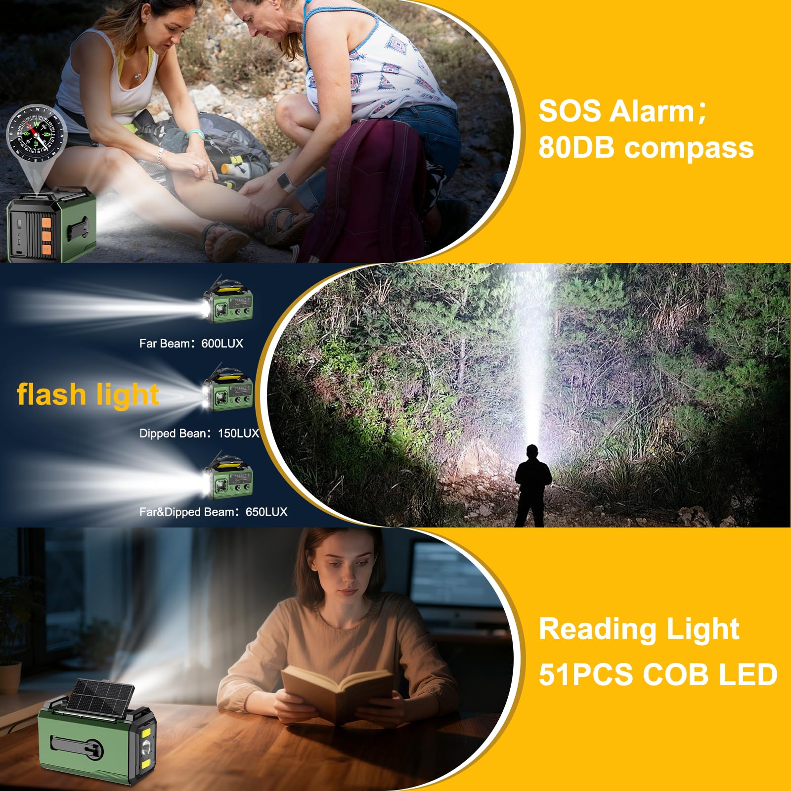 Radio de manivela de 27000 mAh, radio de emergencia FM/AM con Bluetooth, radio solar portátil con cargador para móviles, radio de emergencia con alarma SOS/linterna/brújula para camping al aire libre
