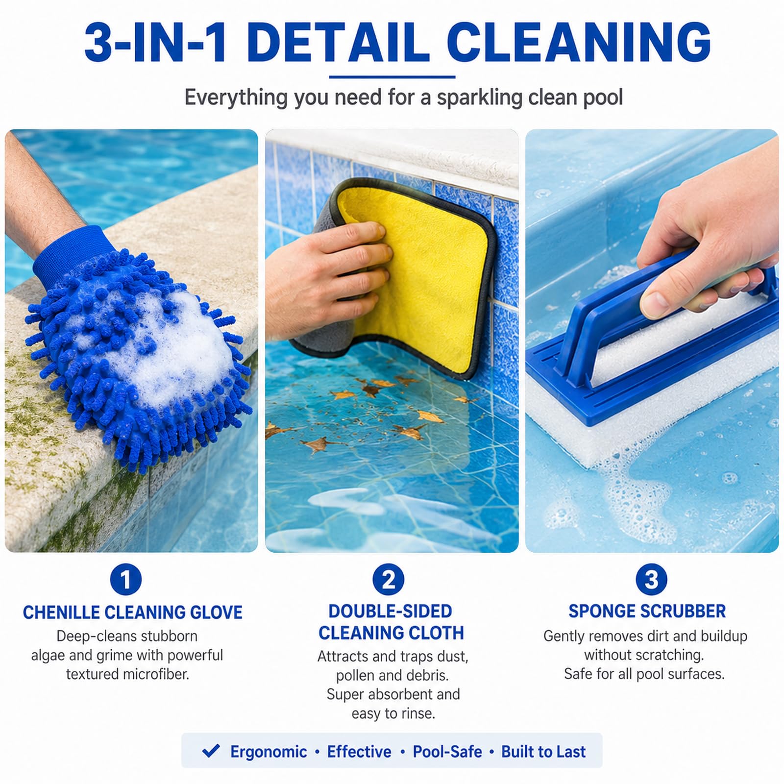 Spazzola Piscina con Manico Telescopico 180cm, Spazzola per Pulizia Piscina da 45 cm con 5 Aste in Alluminio, Kit Pulizia Piscina con Spugna, Panno Double Face e Guanto per Pareti, Fondo e Scale