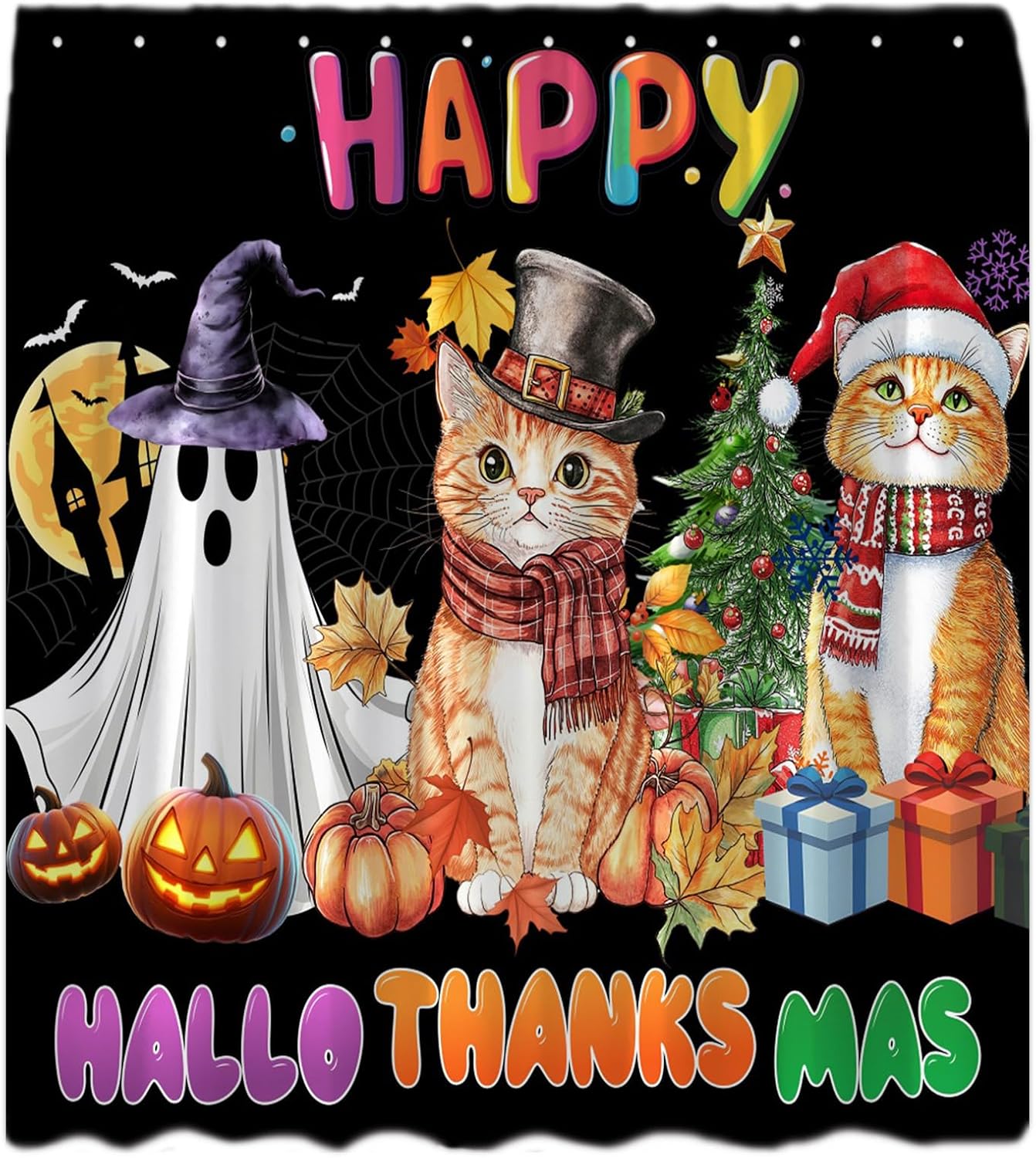 Happy Hallothanksmas Halloween Shower Curtain Funny Spooky Ghost Cats Fall Autumn Thanksgiving Pumpkin Harvest Maple Leaves Christmas Tree Holiday Black Fabric Bathroom Curtain Set with Hook