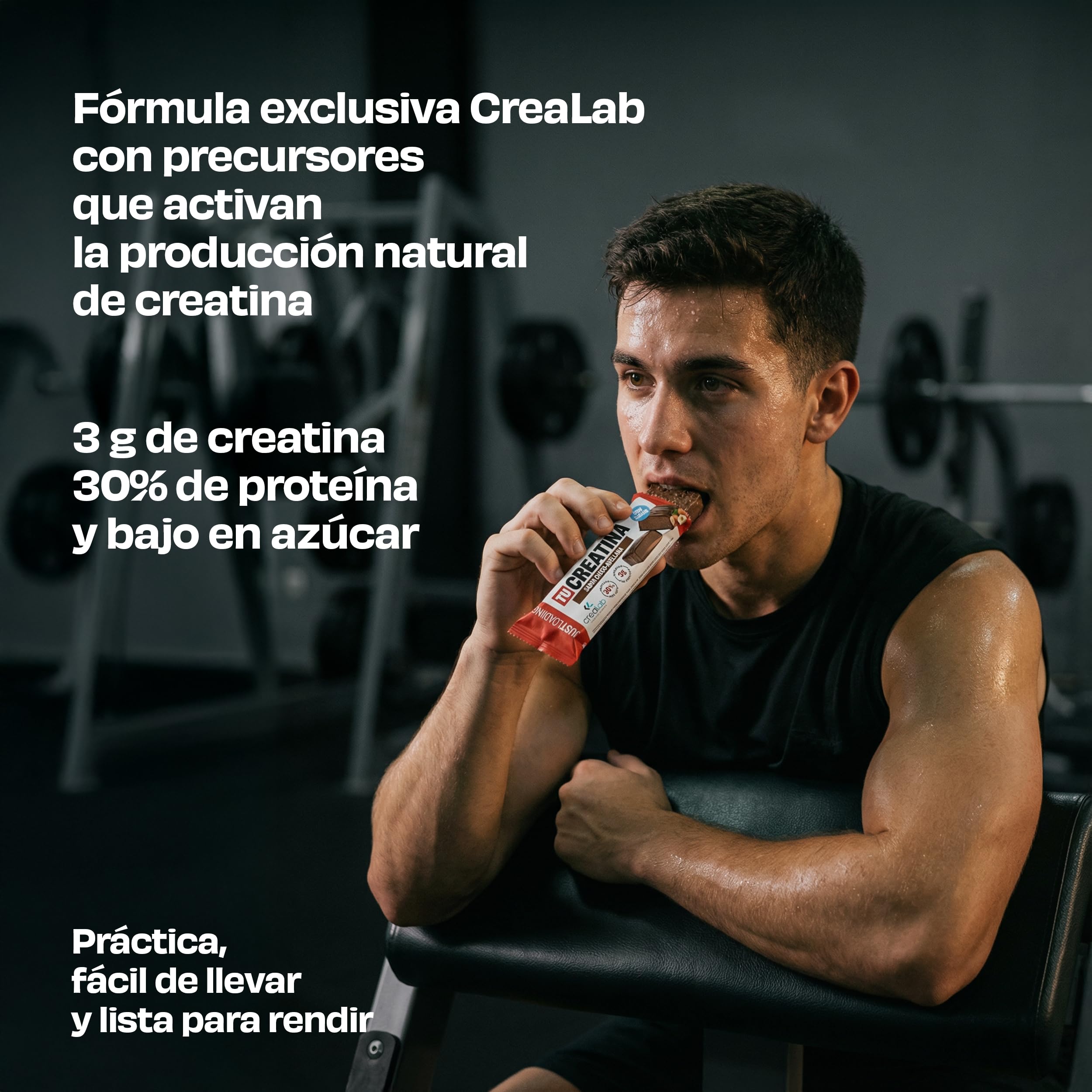 JustLoading Barrita Proteica Creatina 3g CreaLab | Choco Avellana | 24x40g | Con proteína, recuperación muscular. Bajo en azúcares. Rendimiento en alta intensidad. Ideal snack, gimnasio o viaje.
