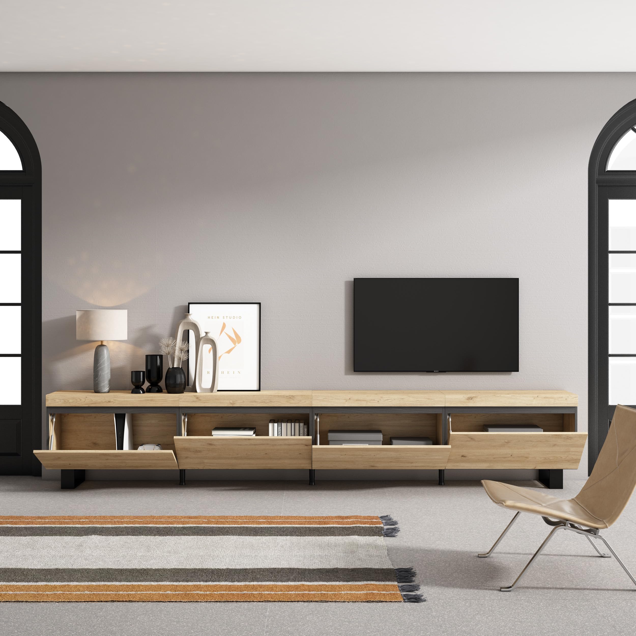 Skraut Home | Mueble TV | Televisión | Muebles de salón, almacenaje | 320x57x35 cm | para TV Gran Formato | Diseño Industrial | Estilo Moderno | Roble