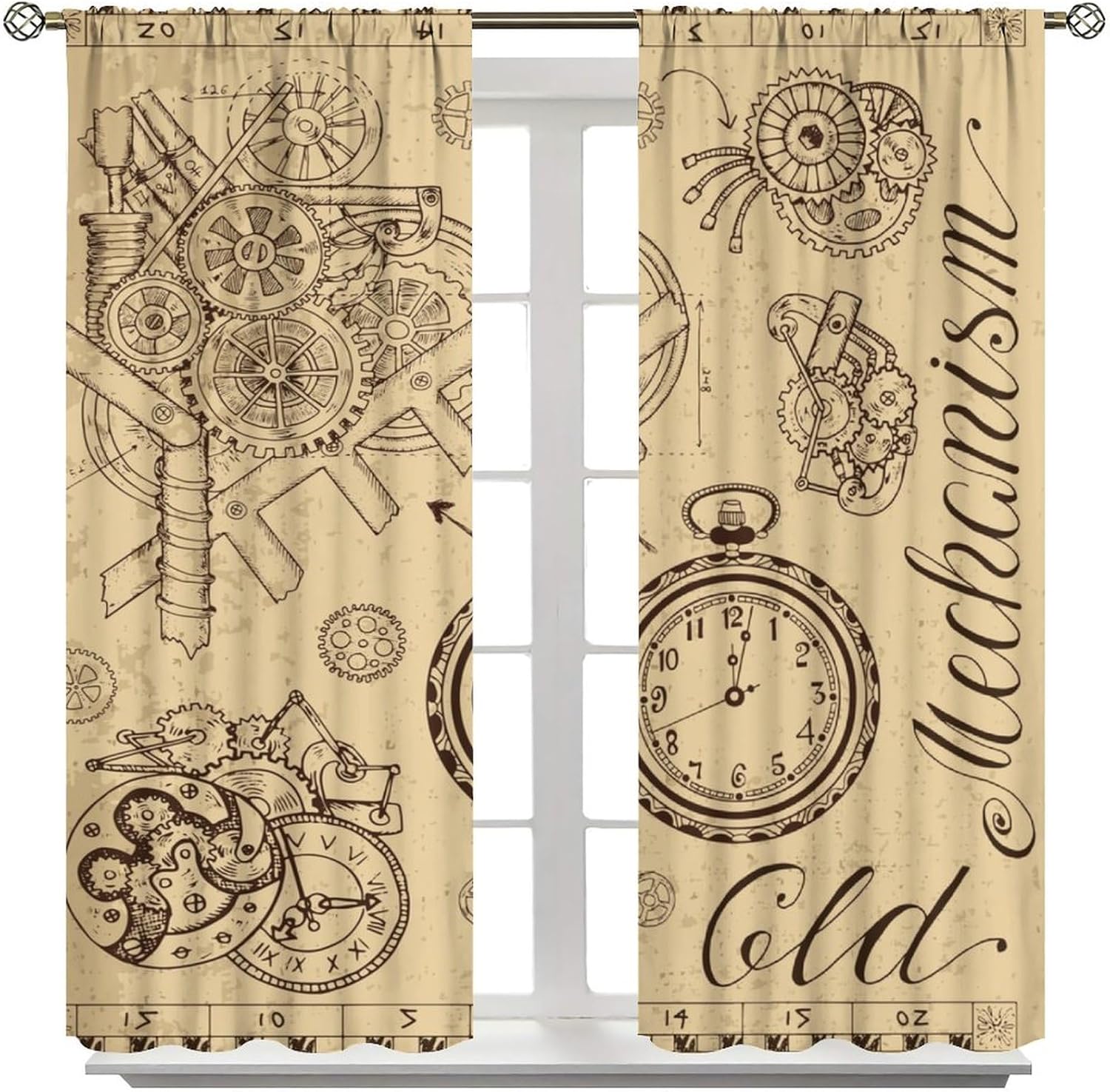 Vintage Steampunk Kitchen Curtains,Old Clock Print Window Treatments for Bedroom Living Room Retro Mid Century Style Window Drapes 2 Panels Set,Total Size 42 x 63 Inch