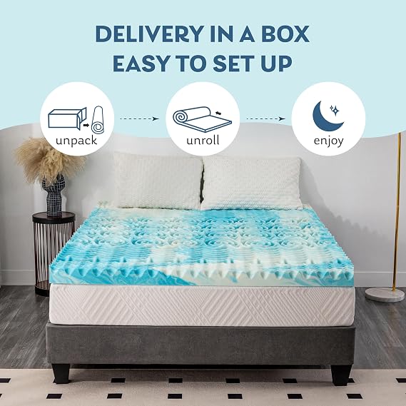 4 Inch 5-Zone Queen Memory Foam Mattress Topper, Cooling Gel Infused Foam Mattress Topper for Pressure Relief, CertiPUR-US Certified Queen Bed Topper,Blue, 6080