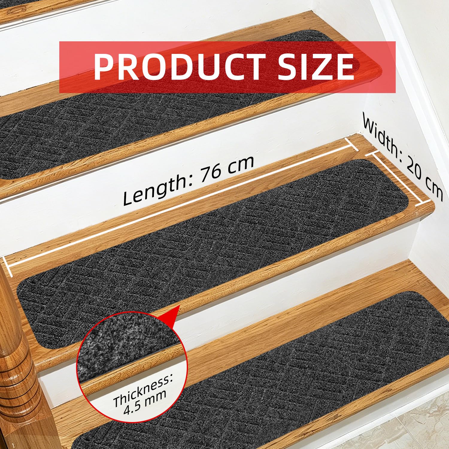 WELSTIK rutschfeste Treppenstufenmatten 20cm*76cm, Teppichläufer für Holzstufen im Innenbereich, Treppenmatten mit TPE-Rückseite, 100% Polyester, sicher für Kinder und Hunde (15Pack, grau)