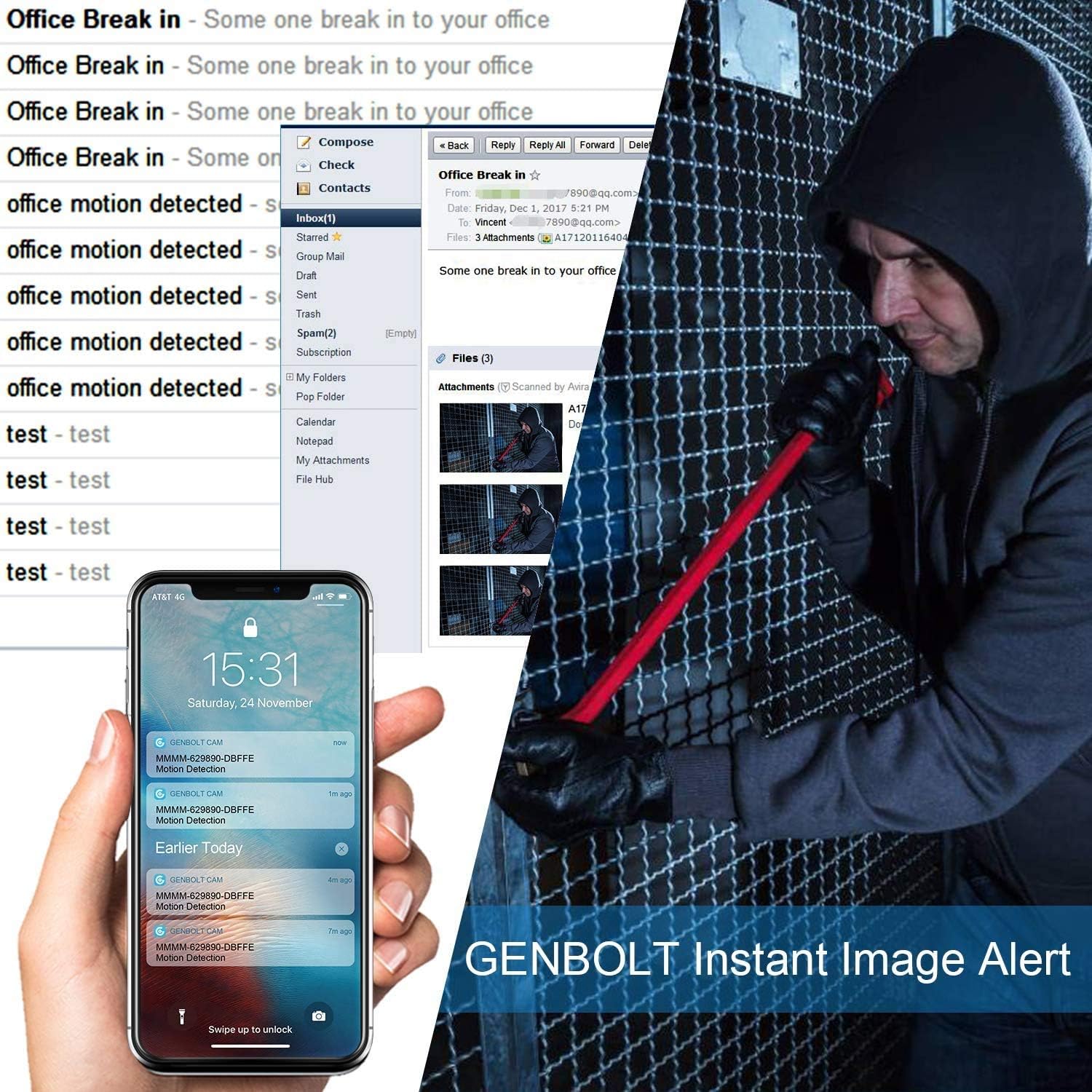 GENBOLT camera with floodlight shining on an intruder, displaying 'STAY AWAY! POLICE COMING' text