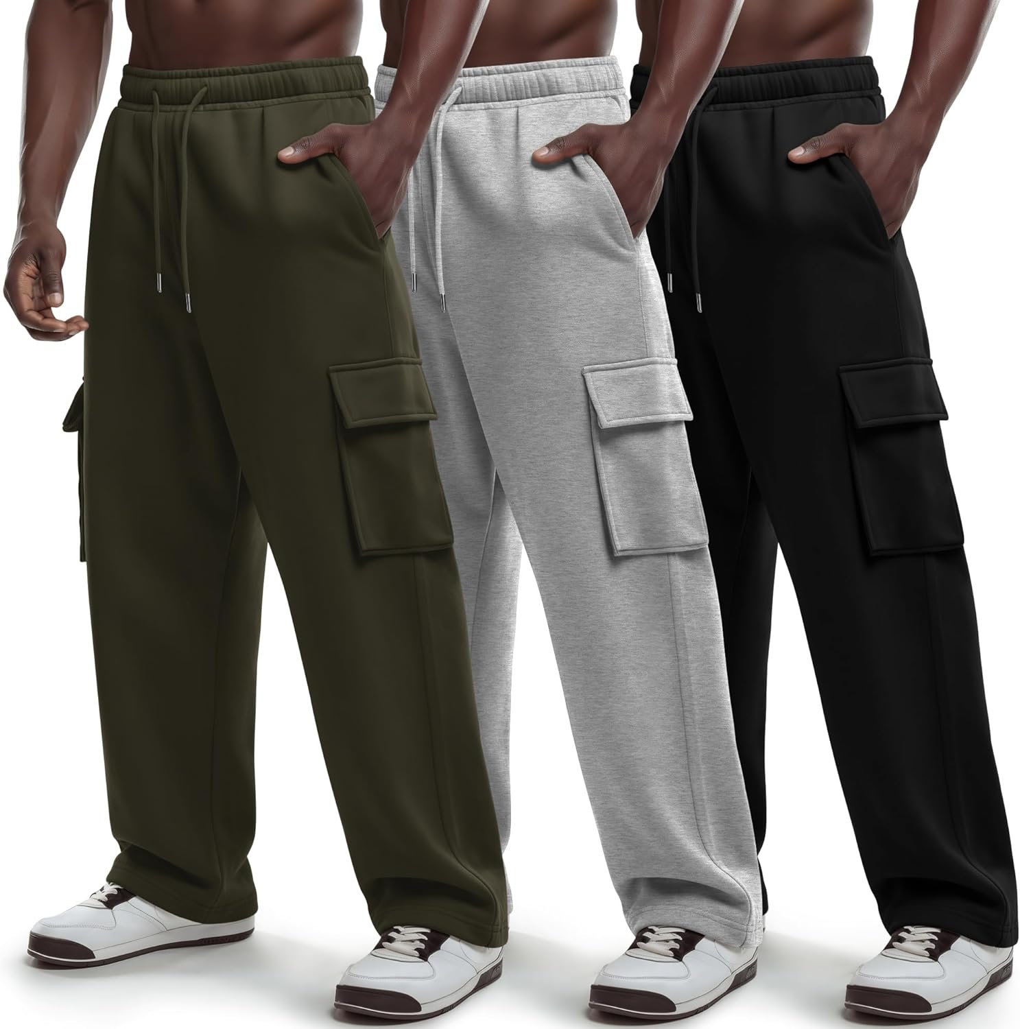 Neer 3 Pack Men's Cargo Sweatpants Athletic Straight Leg Joggers Open Bottom Track Pants Drawstring Lounge Pants with Pockets