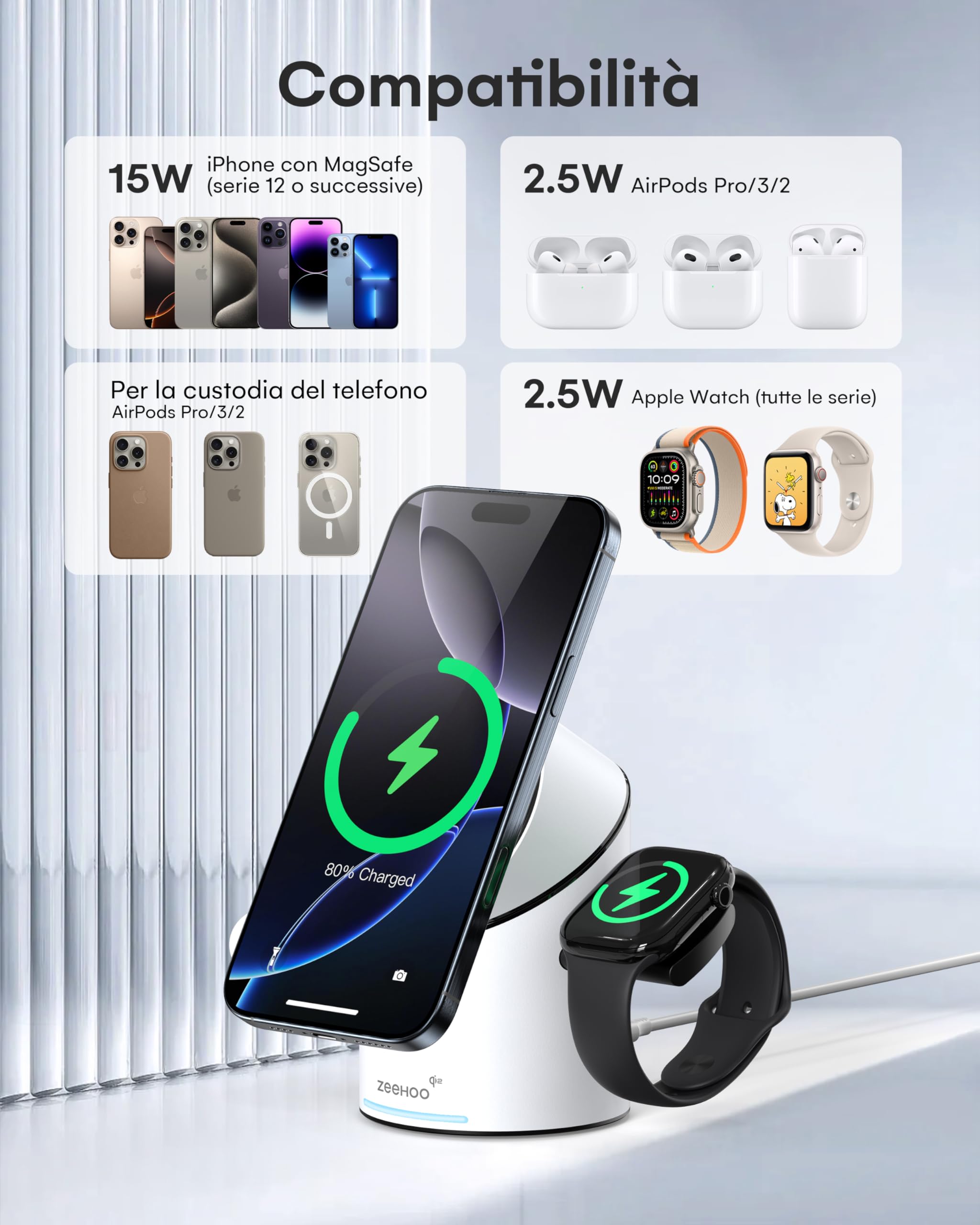 ZEEHOO Stazione di ricarica wireless CilindTrick-R Qi2 15 W ricarica rapida, stazione di ricarica 3 in 1 per Apple Watch, iPhone, Bianco (adattatore caricabatterie da 30 W incluso)