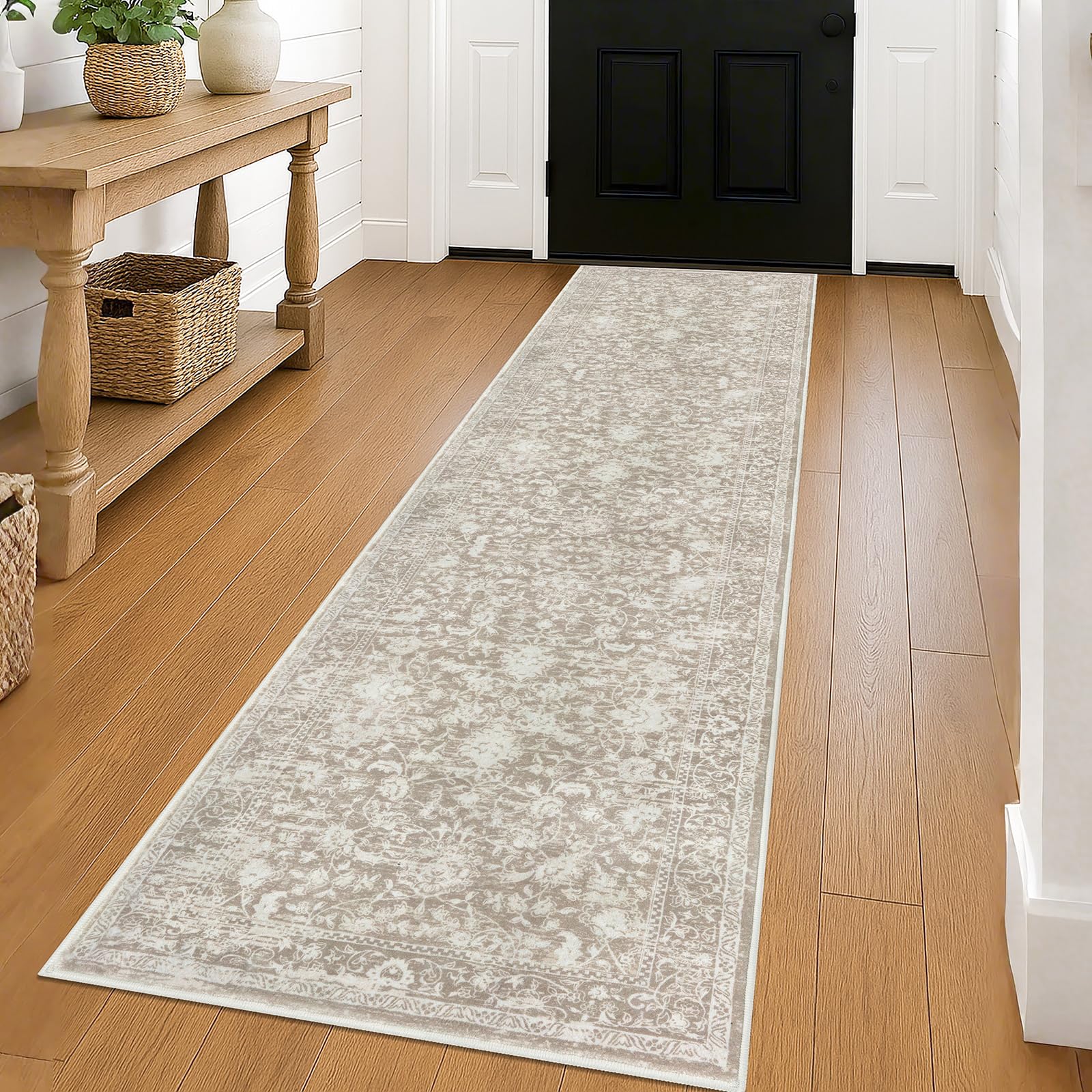 Photo 1 of [DIRTY] KILOCOCO Hallway Runner 2x8 Rug Runner Printed Vintage Floral Washable Kitchen Runners Non-Slip Rubber Backed Runners for Hallways Laundry Room Distressed Boho Rugs for Entryway Bedroom, Beige