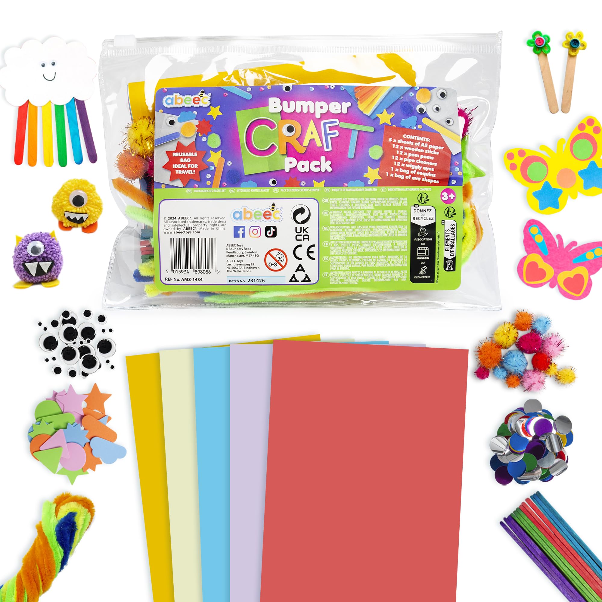 Bumper Craft Pack - Kids' Arts and Crafts Supplies in a Handy Bag - Includes A5 Paper, Lolly Sticks, Pom Poms, Pipe Cleaners, Wiggly Eyes, Sequins, Foam Shapes for Creative Fun