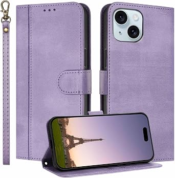 Wallet Case for iPhone 15 with Card Holder & Wrist Strap Purple