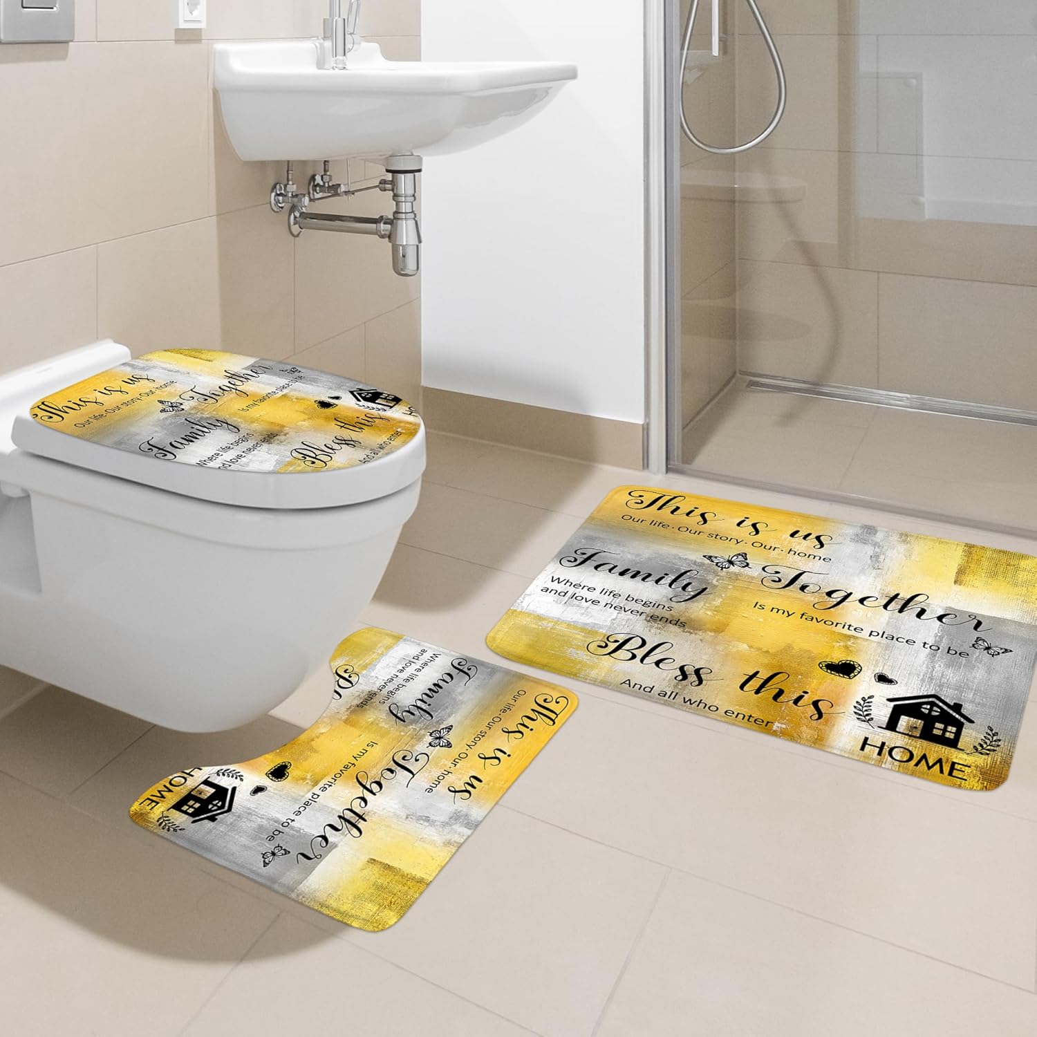 4 PCS Abstract Yellow Grey Bathroom Set with Shower Curtain and Rugs 72Wx72H Inch Modern Minimalist Non-Slip Bath Rug Toilet Lid Cover and U Shape Mat Accessories 12 Hooks Bathoom Decor