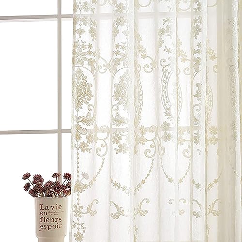 SLOW SOUL 2 paneles de cortinas bordadas de estilo europeo blanco para ventana, tul floral europeo, para sala de estar, dormitorio, con bolsillo