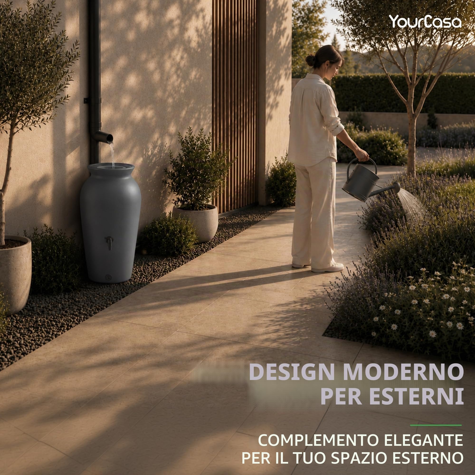 YourCasa Serbatoio Acqua Piovana 120 L, con Rubinetto e Filtro | Raccoglitore acqua piovana decorativo a forma di anfora, in plastica riciclata resistente UV, per giardino e terrazza